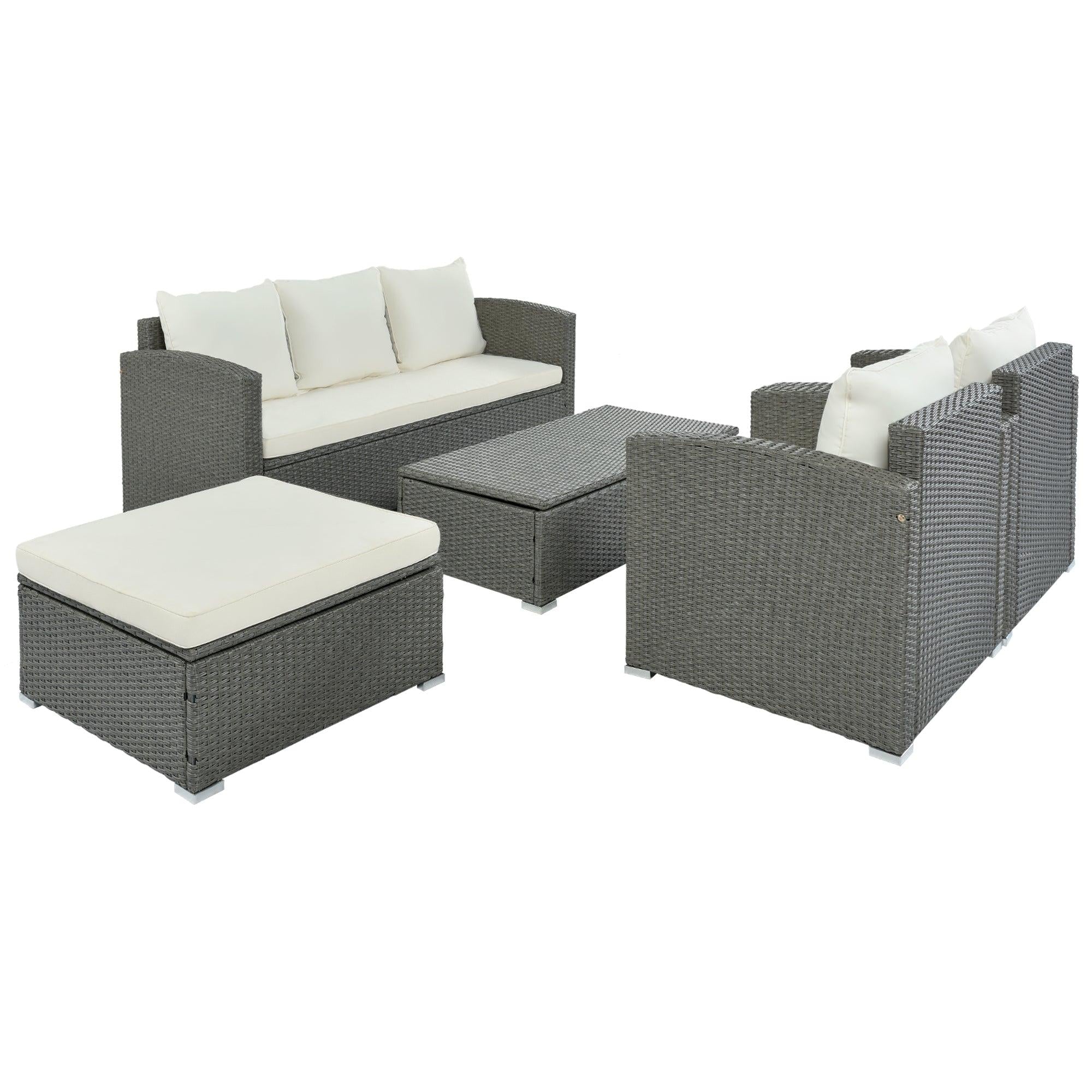 5 PCS Outdoor PatioAll-Weather PE Wicker Rattan Sectional Sofa Set with Multifunctional Table and Ottoman