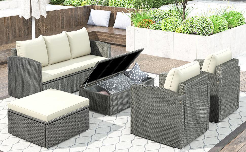 5 PCS Outdoor PatioAll-Weather PE Wicker Rattan Sectional Sofa Set with Multifunctional Table and Ottoman