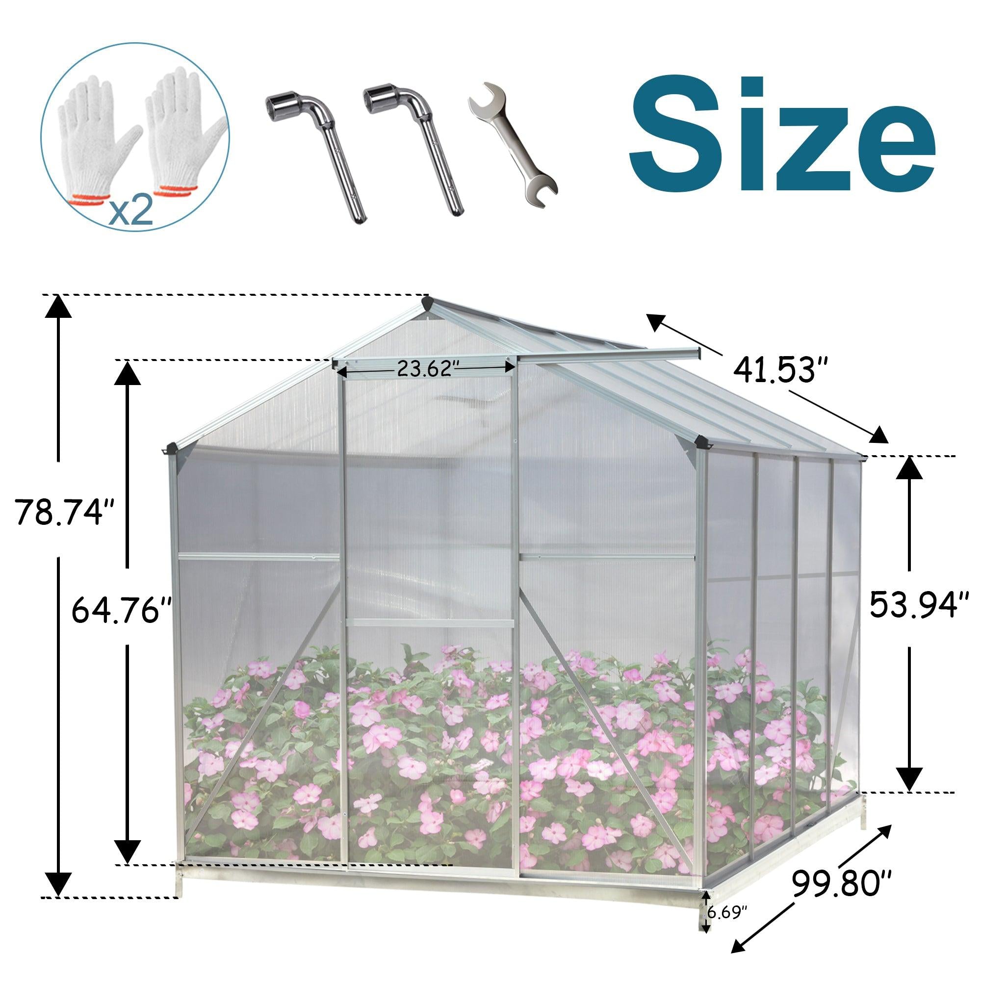 6ft x 8ft Walk-in Greenhouse with Heavy Duty Aluminum Frame and 4mm UV Polycarbonate Panels