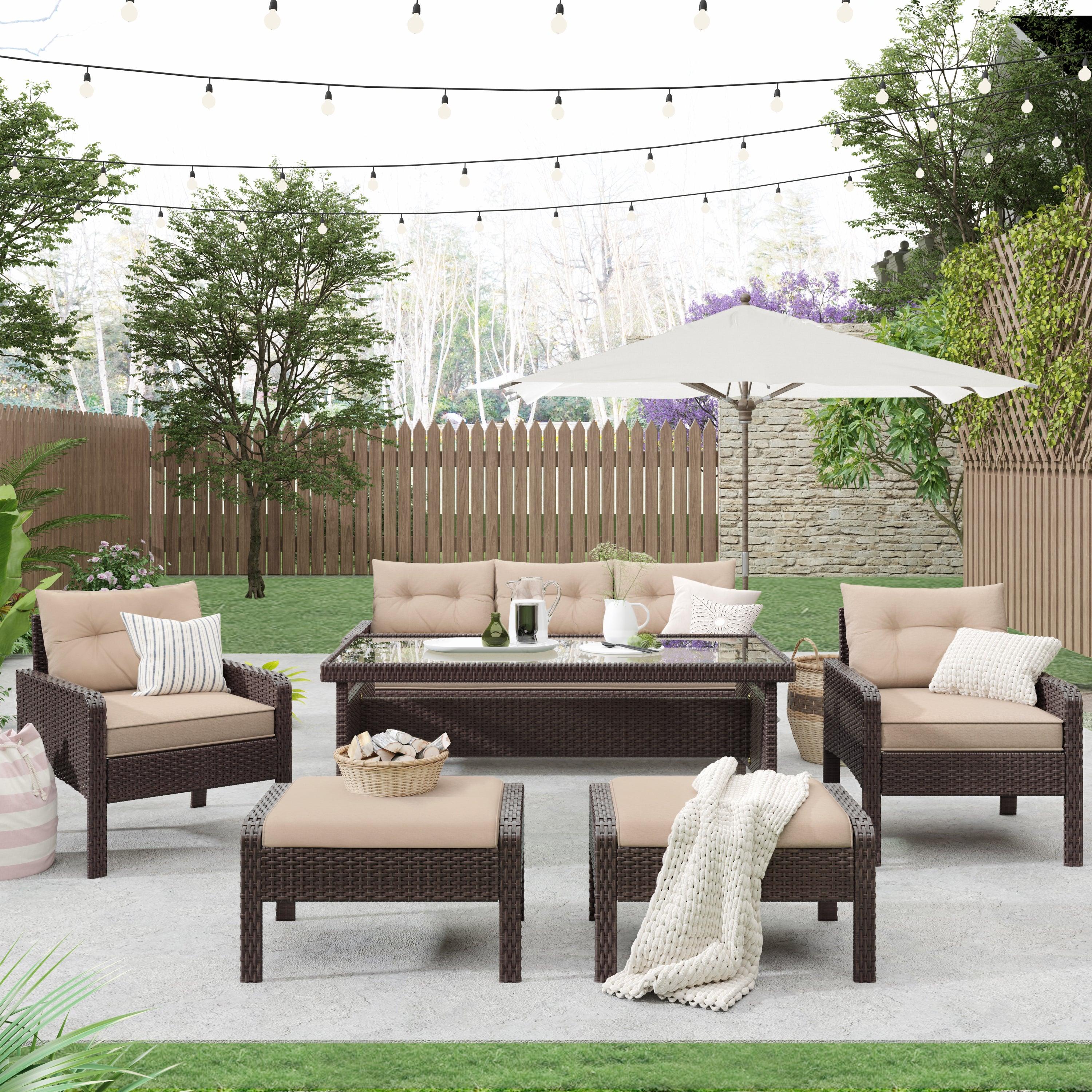 6 PCS Outdoor Patio PE Wicker Rattan Sofa Set Dining Table Set with and Tempered Glass Tea Table and Light Coffee Cushions