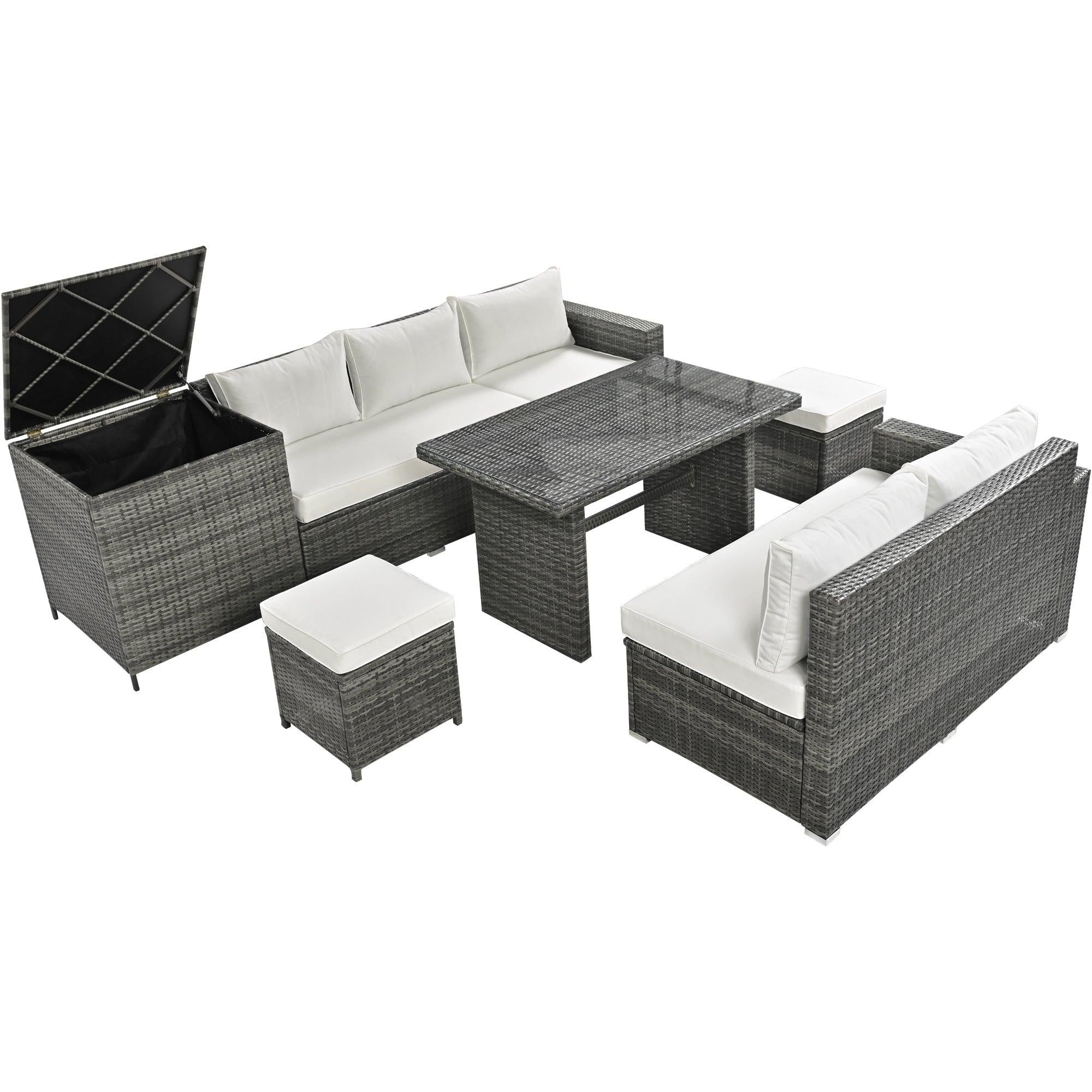 6 PCS Outdoor All Weather PE Rattan Sofa Set  with Adjustable Seat,Storage Box, Tempered Glass Top Table, and Beige Cushions