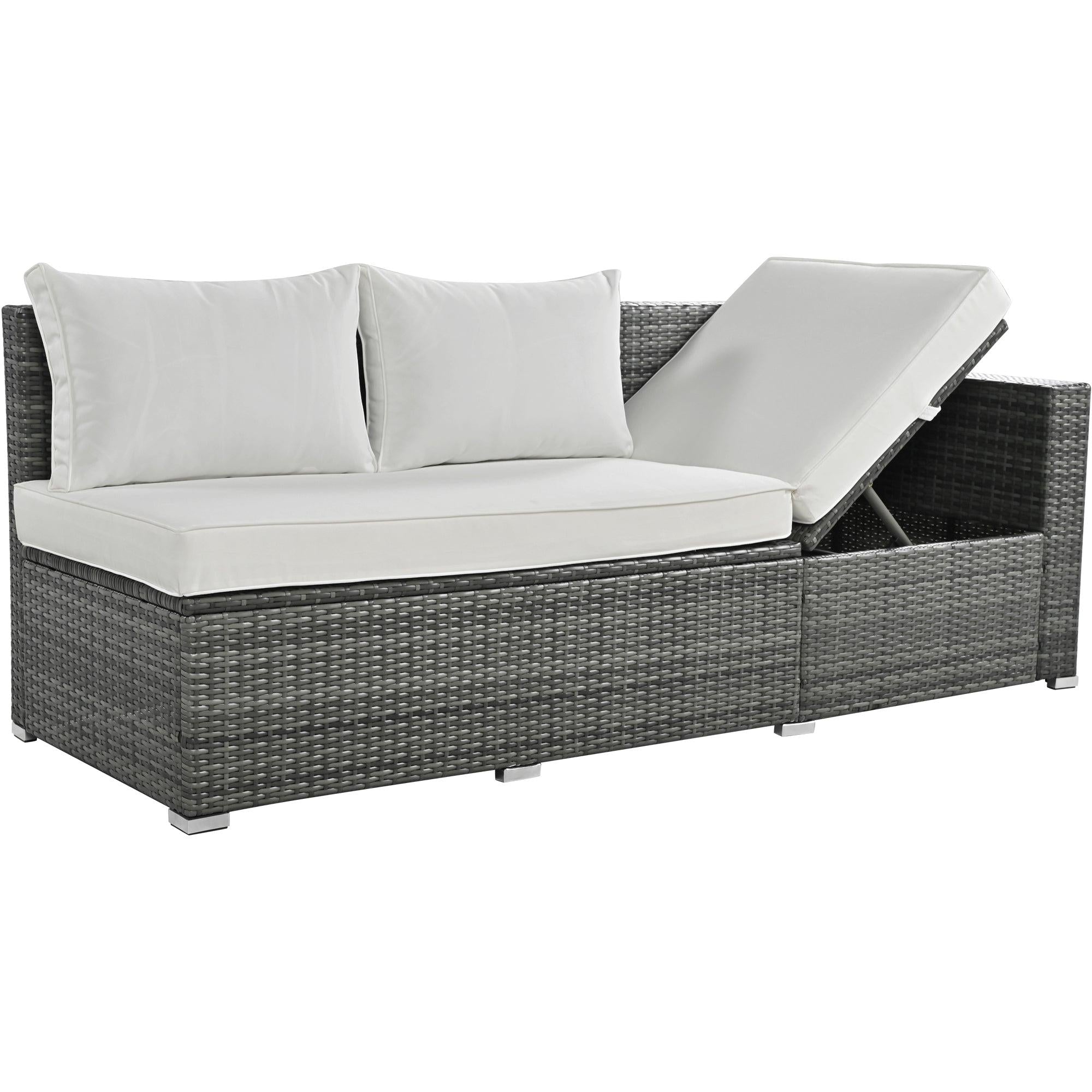 6 PCS Outdoor All Weather PE Rattan Sofa Set  with Adjustable Seat,Storage Box, Tempered Glass Top Table, and Beige Cushions