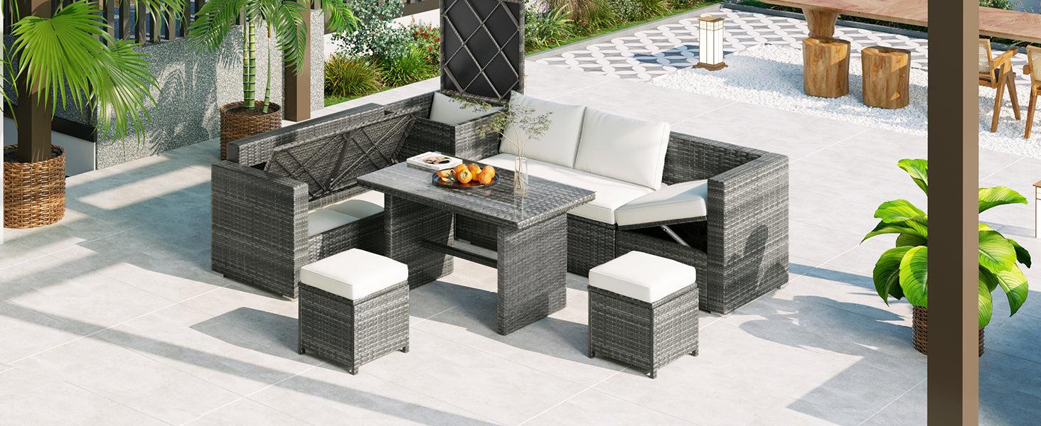 6 PCS Outdoor All Weather PE Rattan Sofa Set  with Adjustable Seat,Storage Box, Tempered Glass Top Table, and Beige Cushions