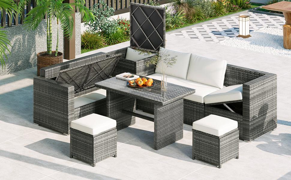 6 PCS Outdoor All Weather PE Rattan Sofa Set  with Adjustable Seat,Storage Box, Tempered Glass Top Table, and Beige Cushions