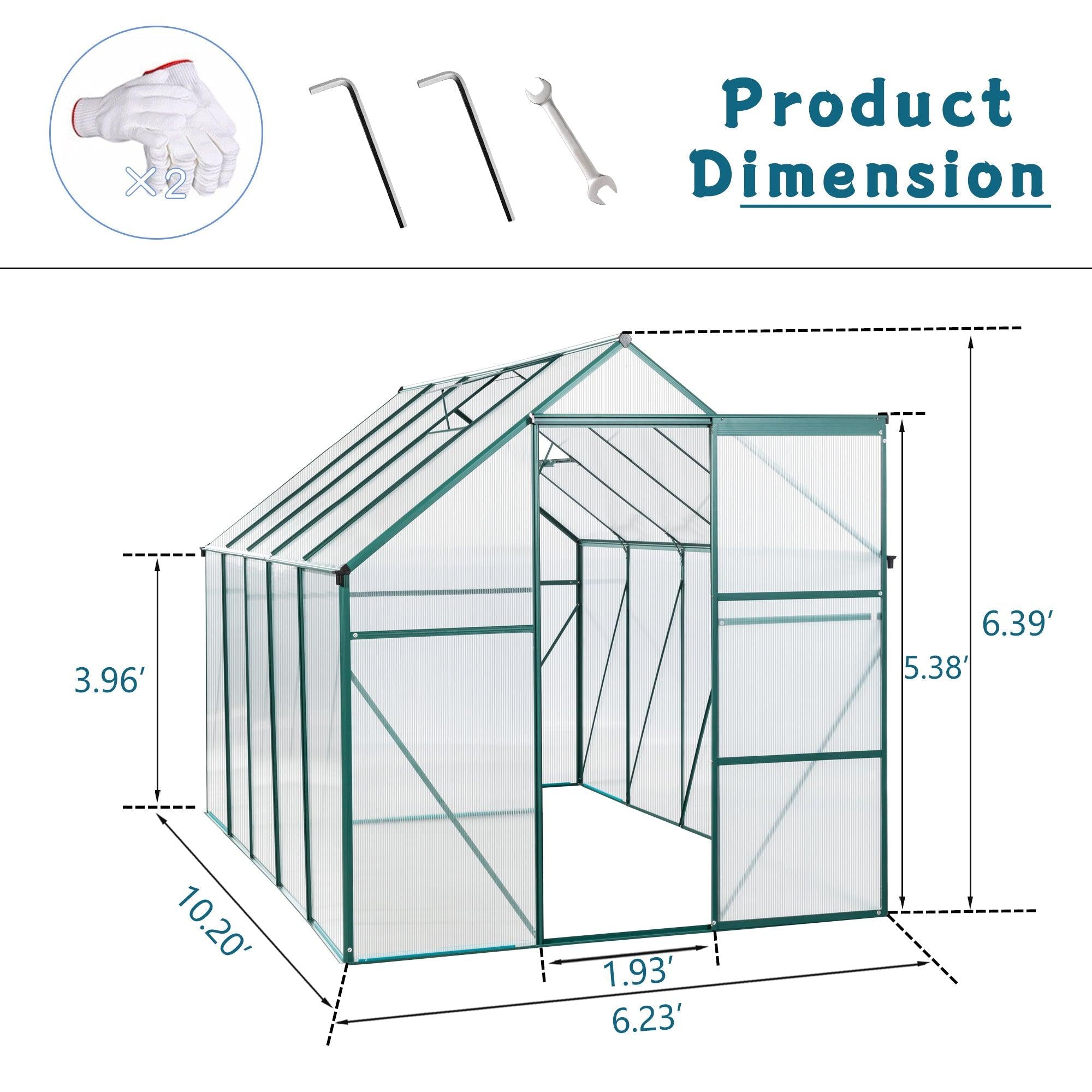 6ft x 10ft Walk-in Greenhouse with Heavy Duty Aluminum Frame and 4mm UV Polycarbonate Panels