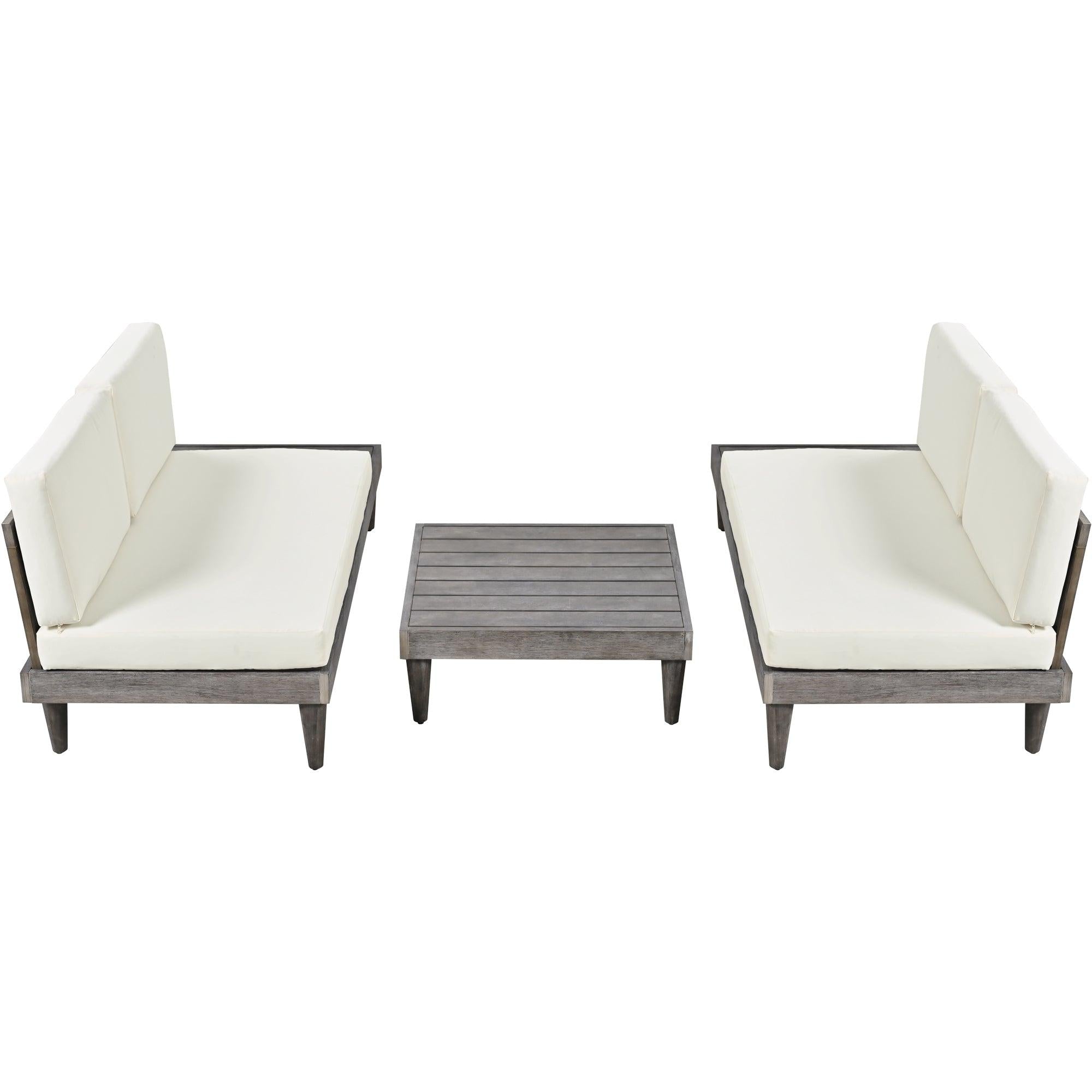 3 PCS Outdoor Patio Furniture Set Solid Wood Sectional Sofa Set with Coffee Table, Side Table, and Beige Cushions