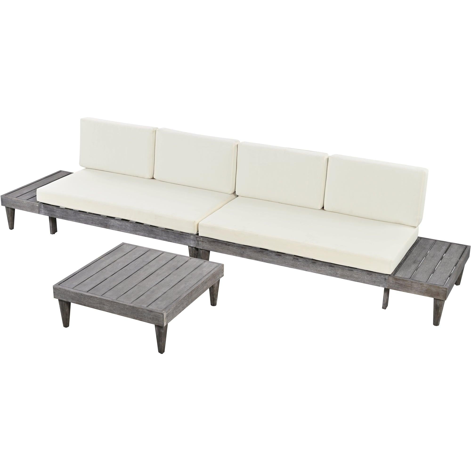 3 PCS Outdoor Patio Furniture Set Solid Wood Sectional Sofa Set with Coffee Table, Side Table, and Beige Cushions