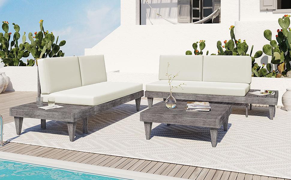 3 PCS Outdoor Patio Furniture Set Solid Wood Sectional Sofa Set with Coffee Table, Side Table, and Beige Cushions