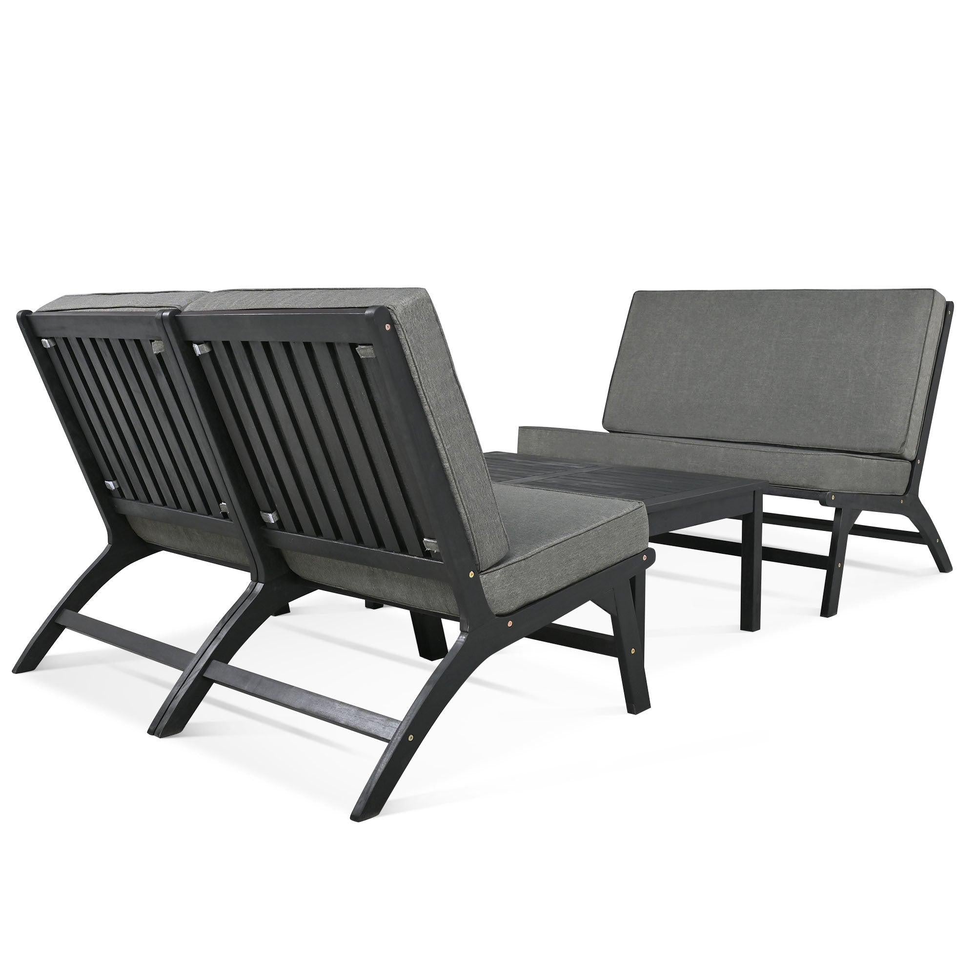 4 PCS Outdoor Patio V-shaped Black Acacia Solid Wood and Gray Cushions