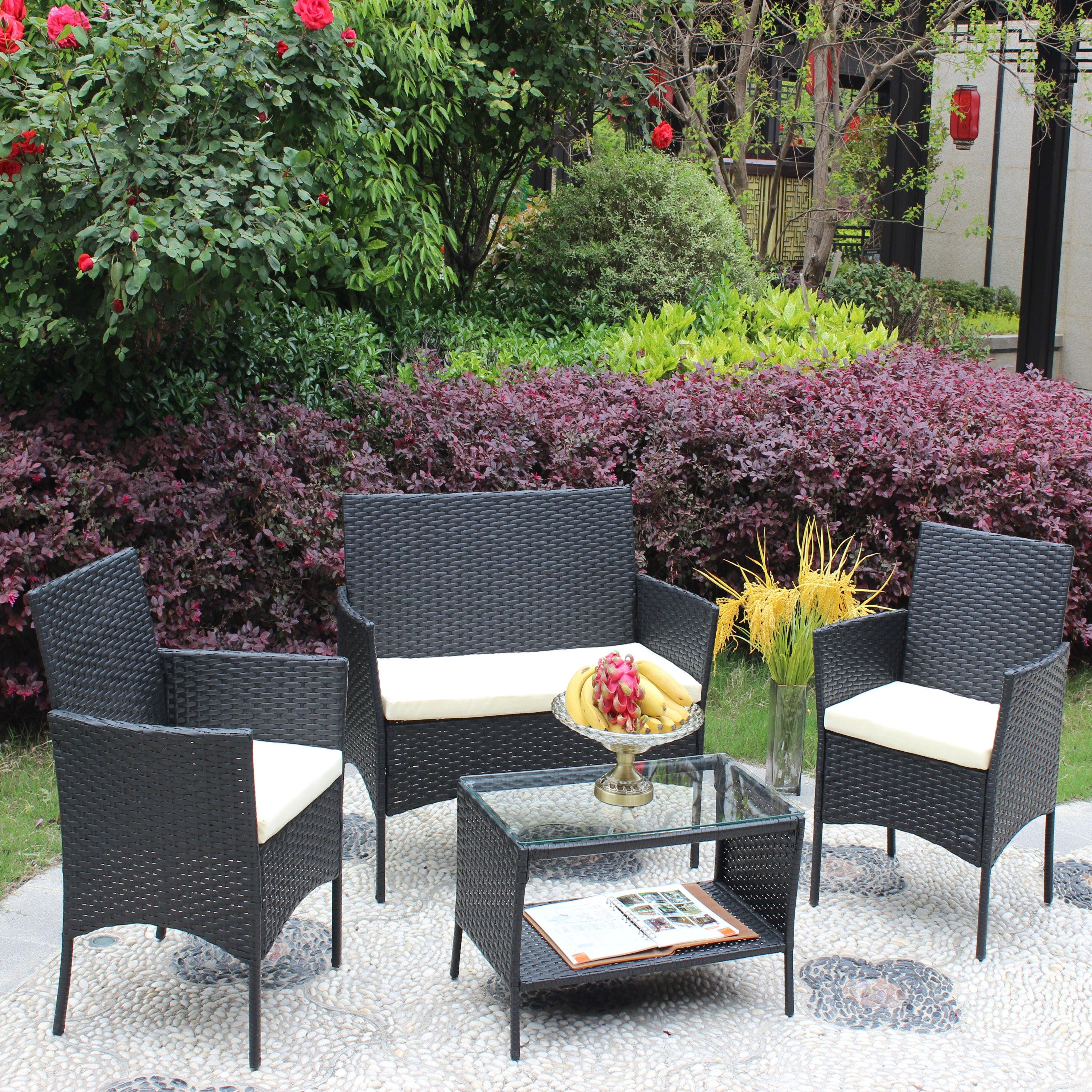 4 PCS Outdoor Patio Seating Group with Beige Cushioned Seat