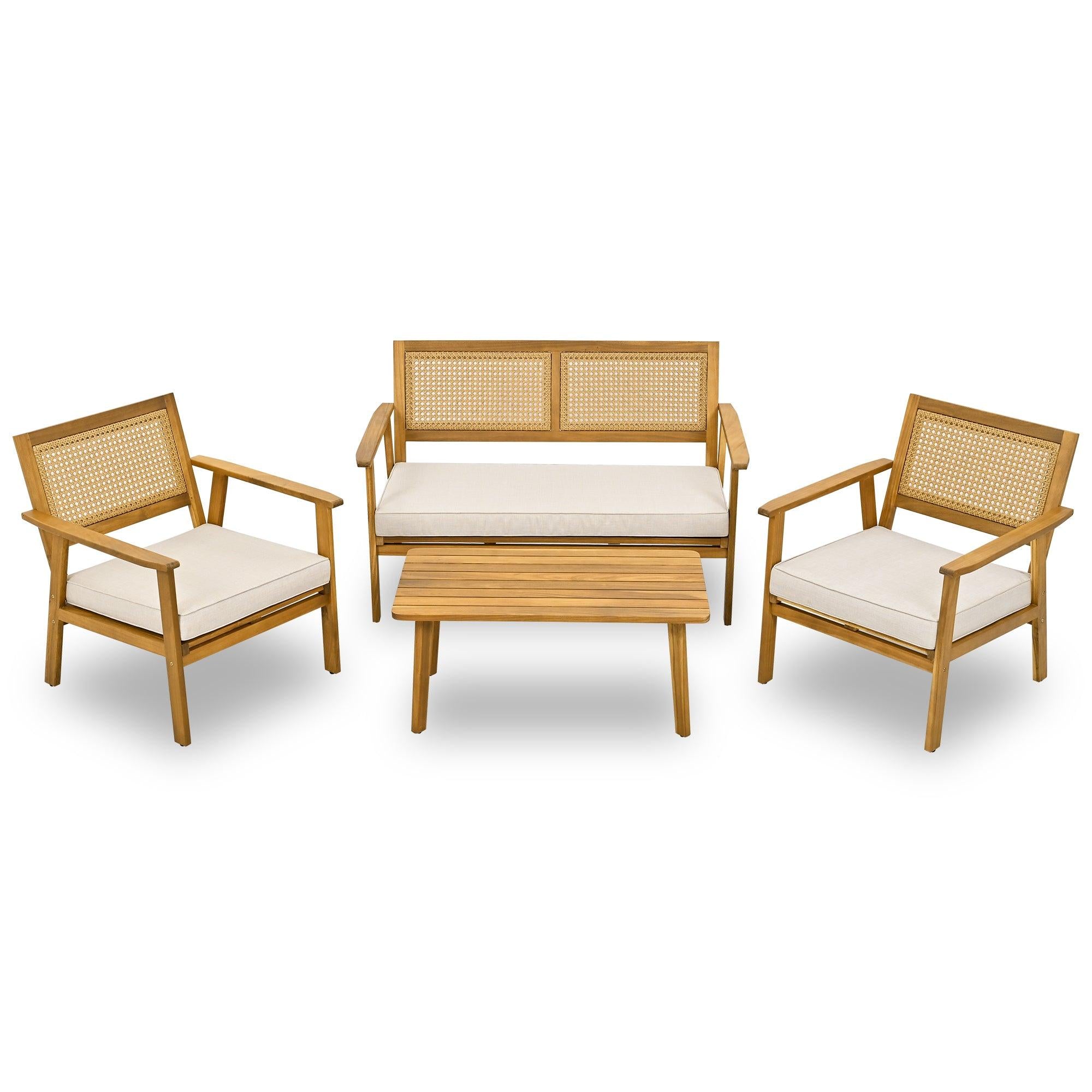 4 PCS Outdoor Living Space Acacia Wood Furniture Set with Mesh Design and Beige Cushions