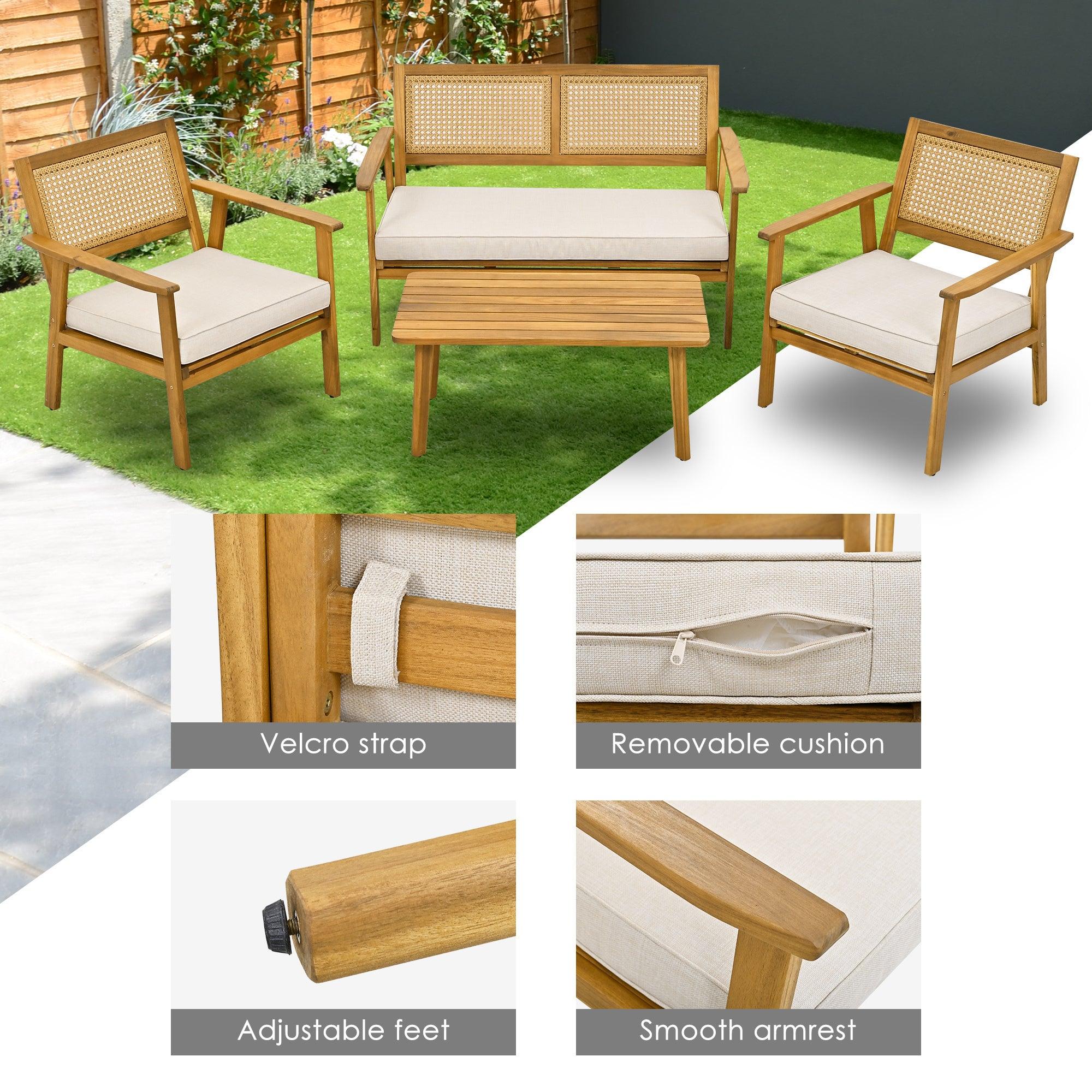 4 PCS Outdoor Living Space Acacia Wood Furniture Set with Mesh Design and Beige Cushions