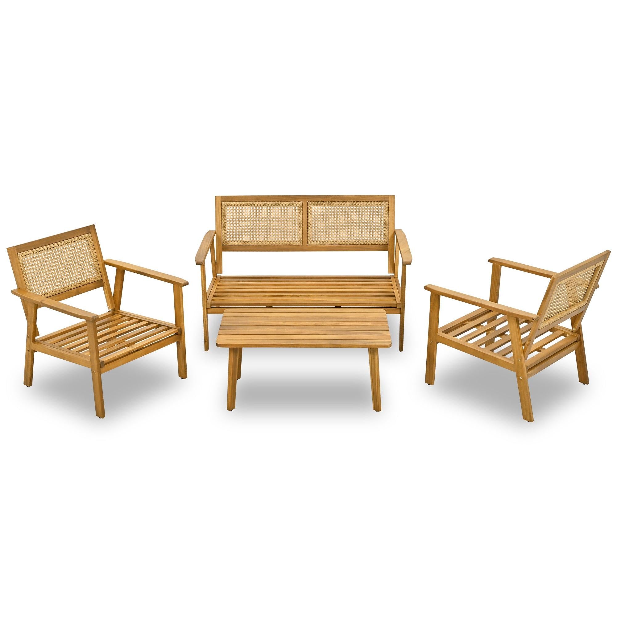 4 PCS Outdoor Living Space Acacia Wood Furniture Set with Mesh Design and Beige Cushions