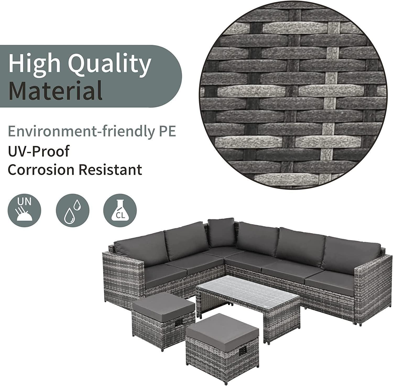 7PCS Outdoor Garden Rattan Seating Furniture Set with Dark Gray Cushions