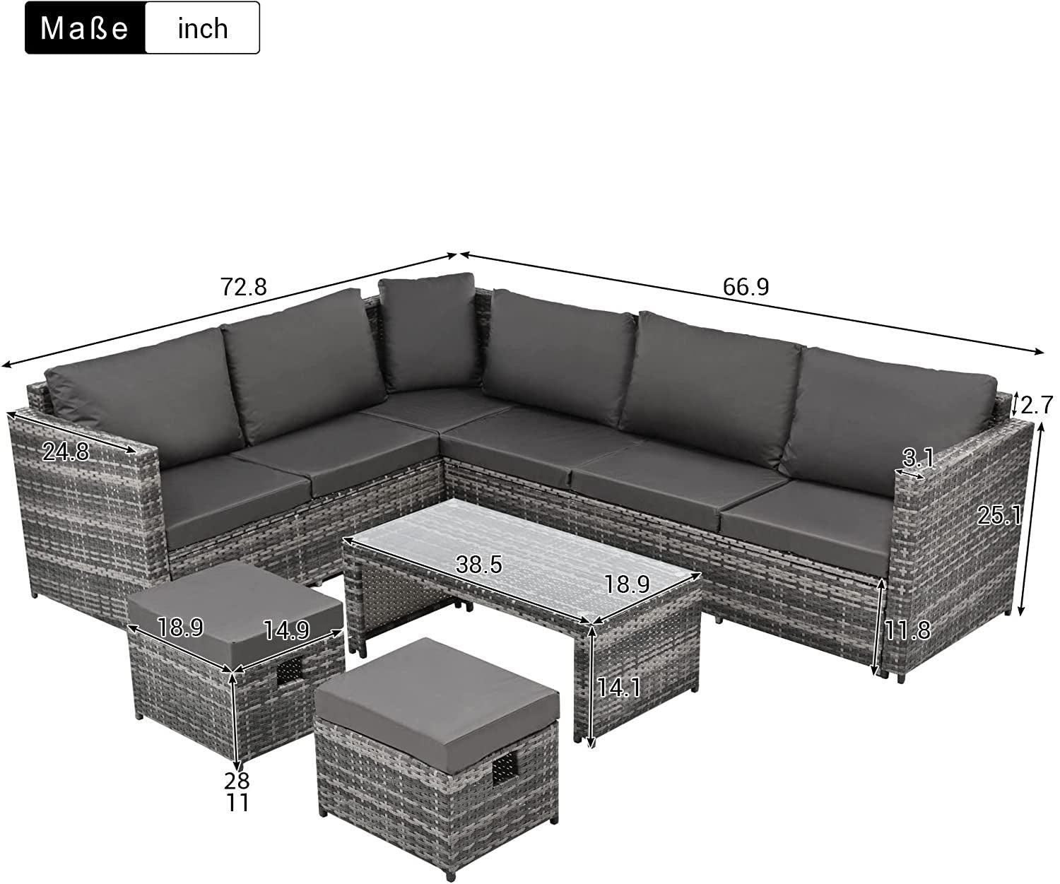 7PCS Outdoor Garden Rattan Seating Furniture Set with Dark Gray Cushions