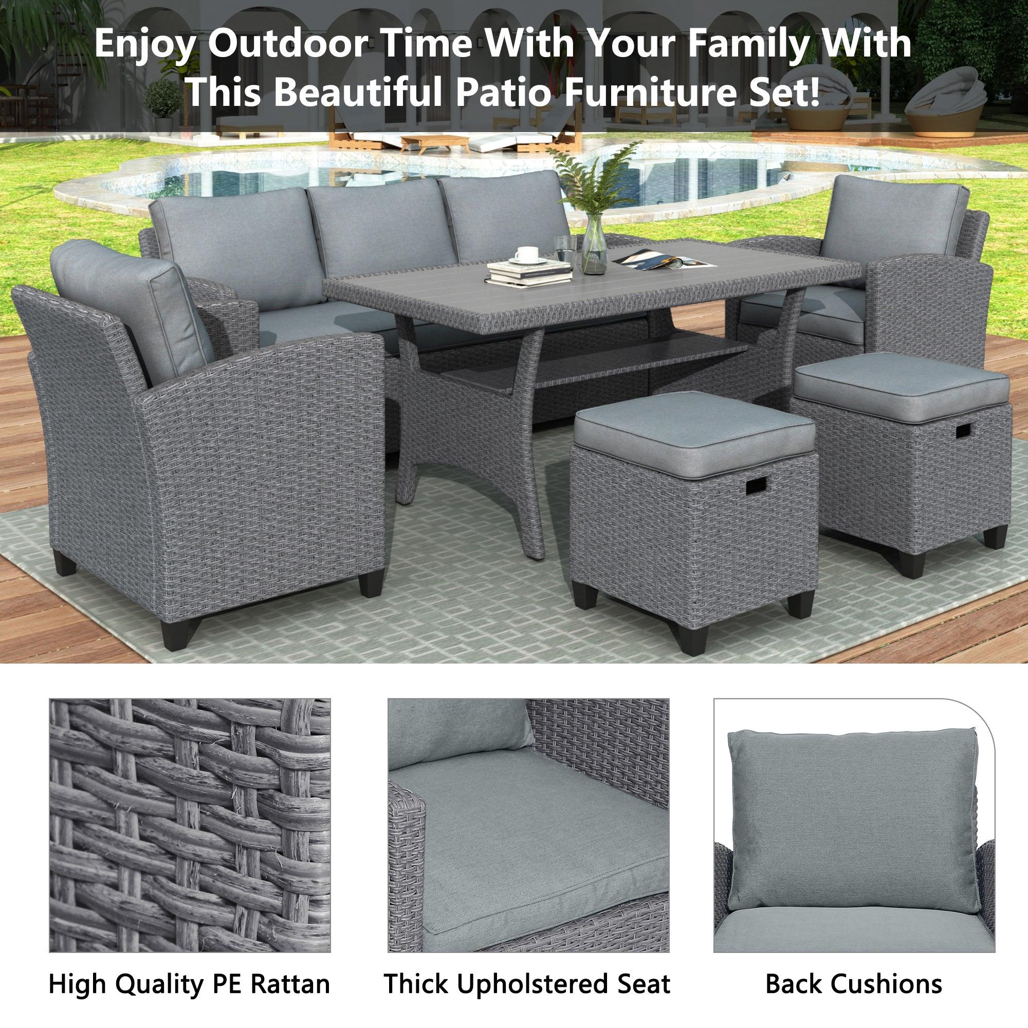 6 PCS Outdoor Patio Gray Rattan Wicker Dining Set with Gray Cushions