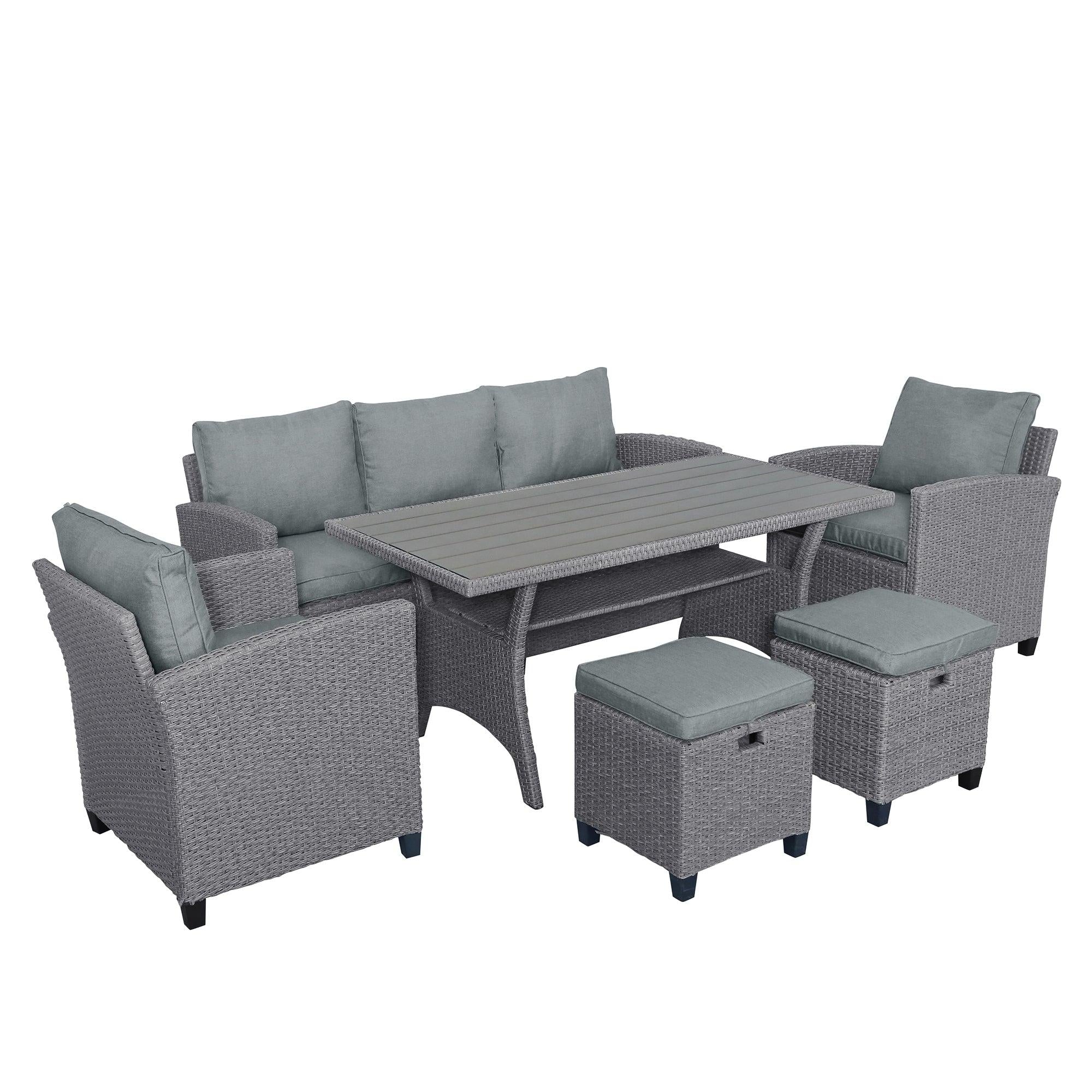 6 PCS Outdoor Patio Gray Rattan Wicker Dining Set with Gray Cushions