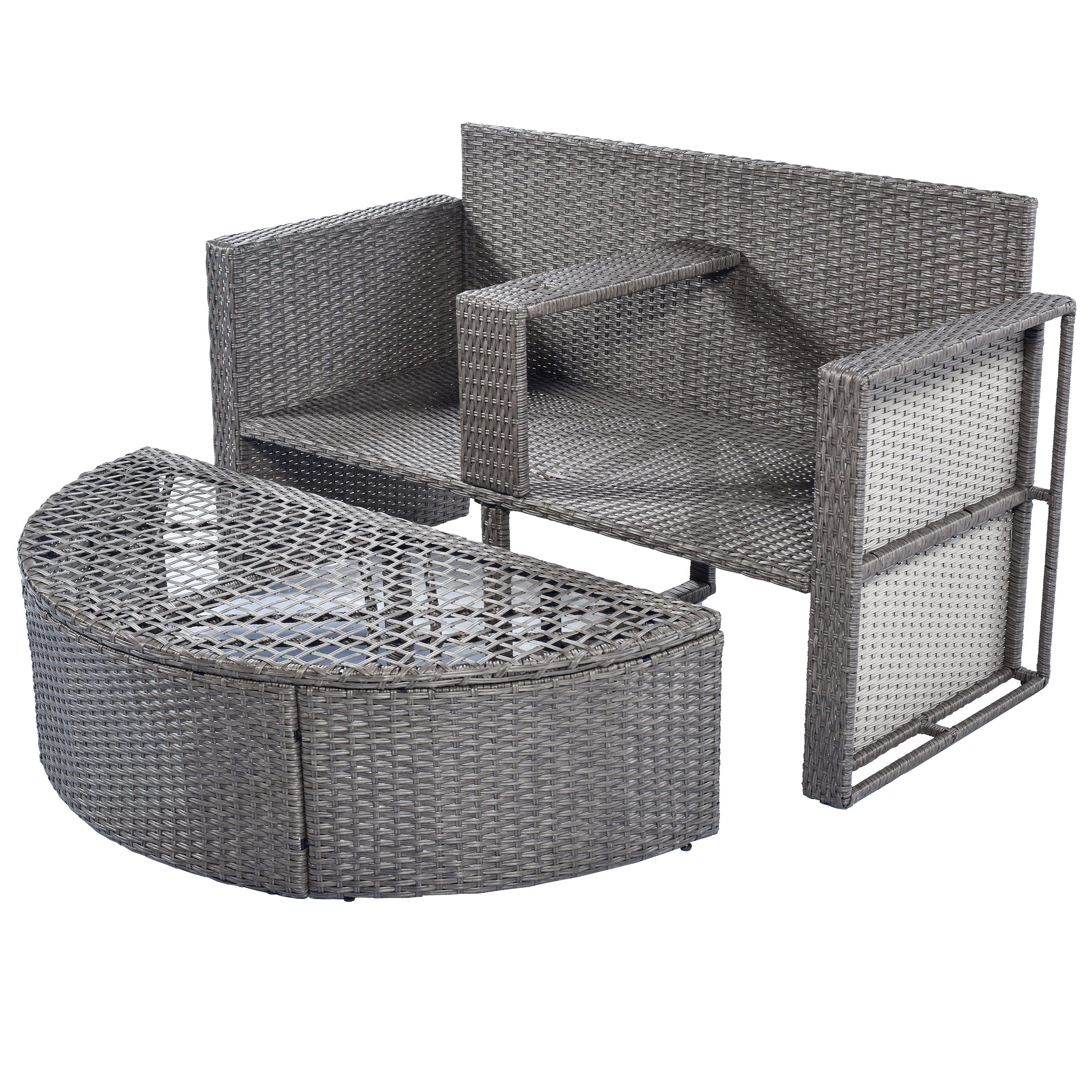 2 PCS OutdoorAll-Weather PE Wicker Rattan Seating Set with Half-moon Side Table and Gray Cushions