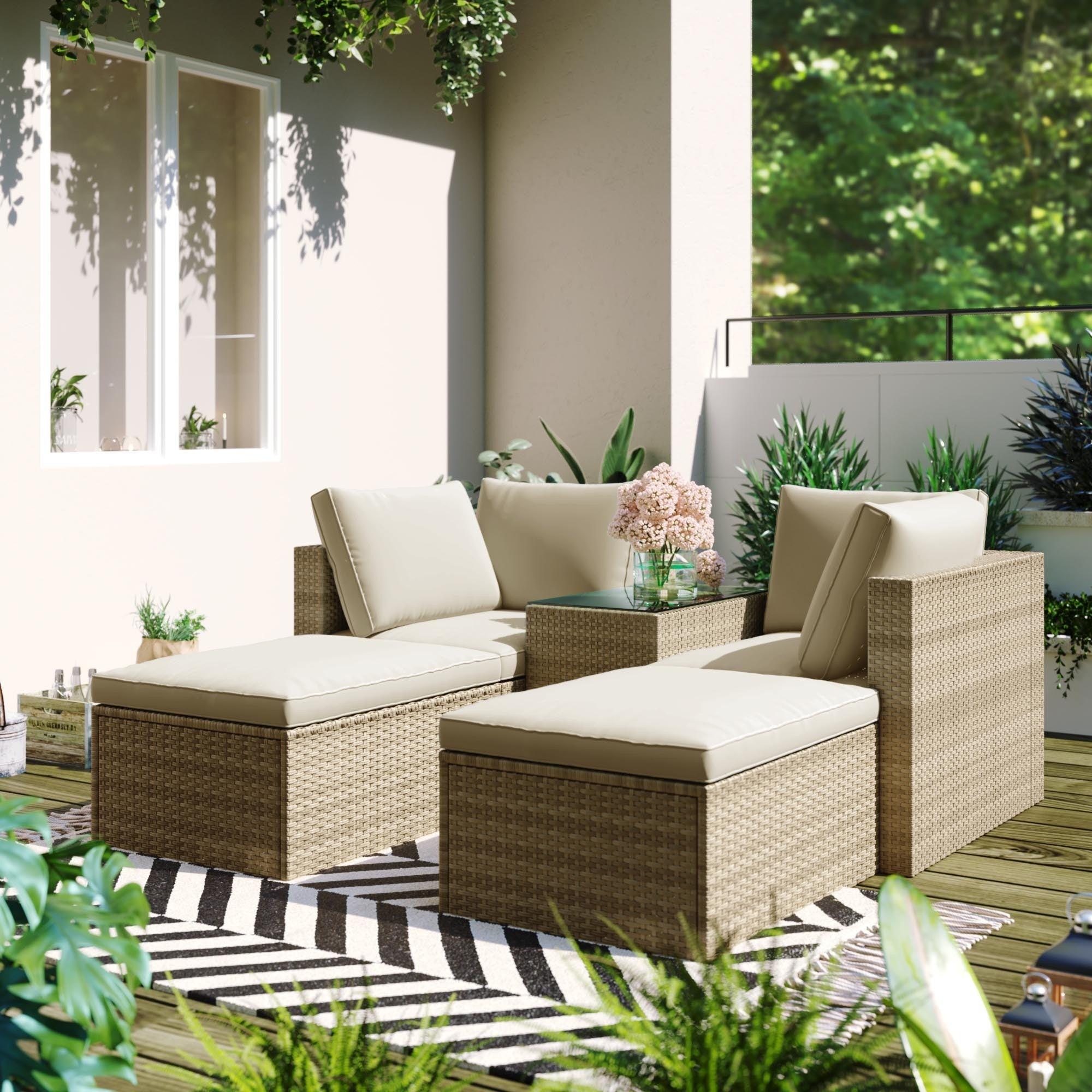 5 PCS Outdoor Patio Wicker Rattan Sectional Sofa Set with Beige Cushions image