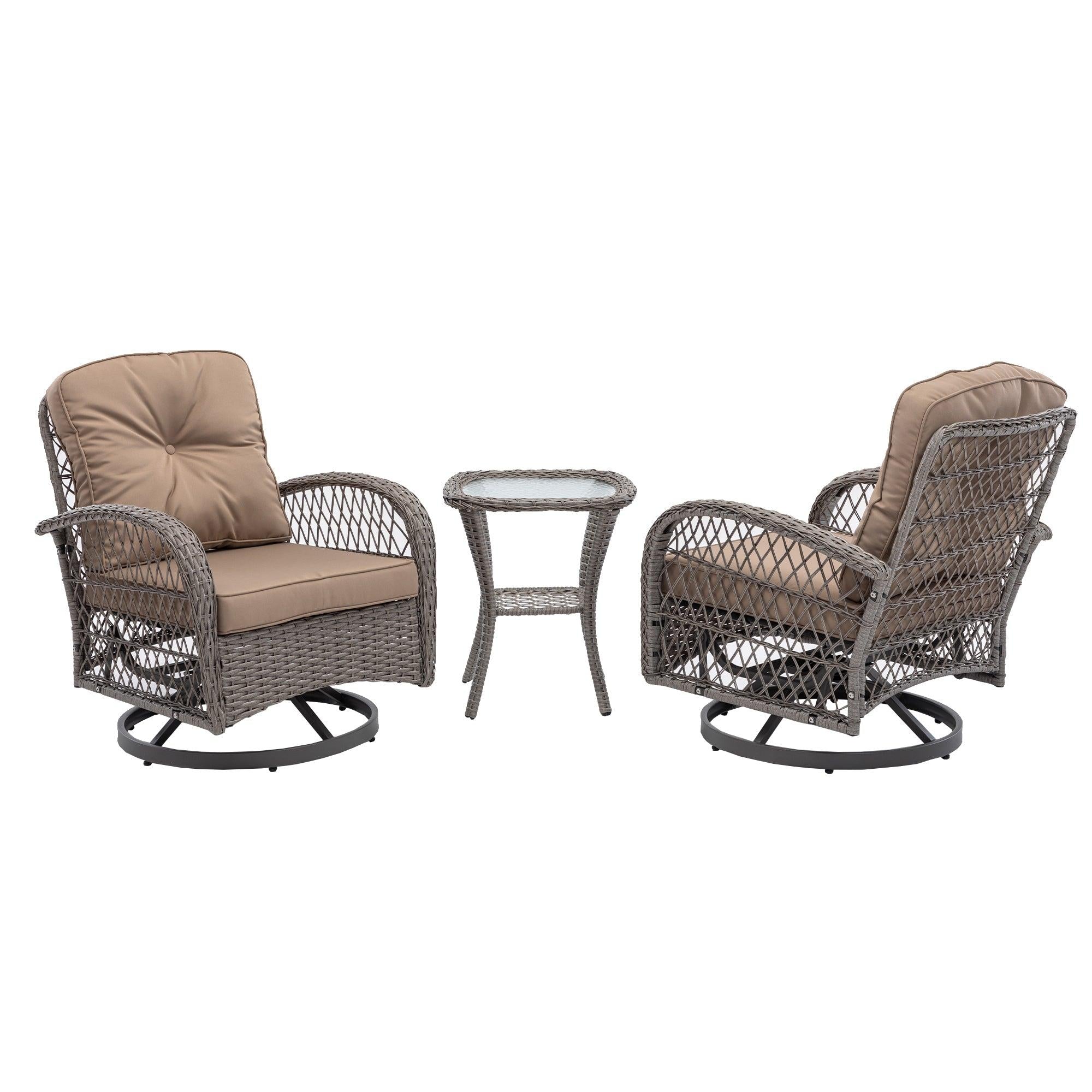 3 PCS Outdoor PatioModern Wicker Set with Table, Swivel Base Chairs and Brown Cushions