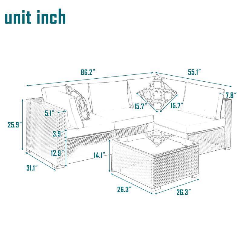 5 PCS Outdoor Garden Patio PE Rattan Wicker Cushioned Sofa Sets with 2 Pillows and Coffee Table