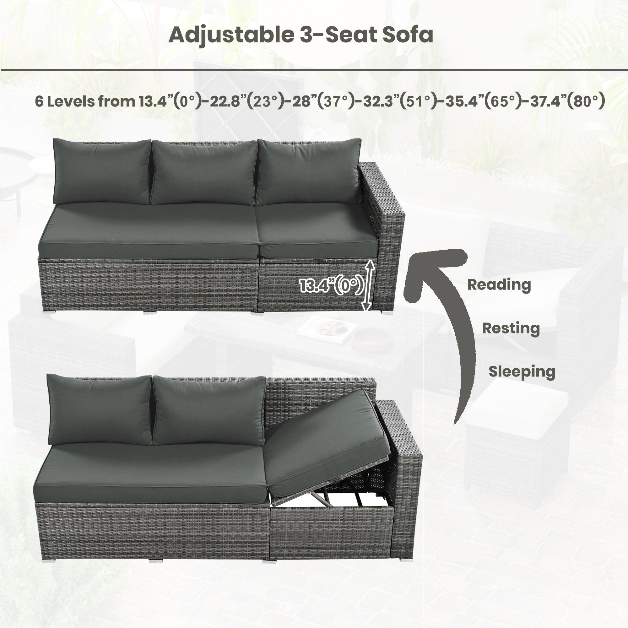 6 PCS Outdoor All Weather PE Rattan Sofa Set  with Adjustable Seat,Storage Box, Tempered Glass Top Table, and Gray Cushions