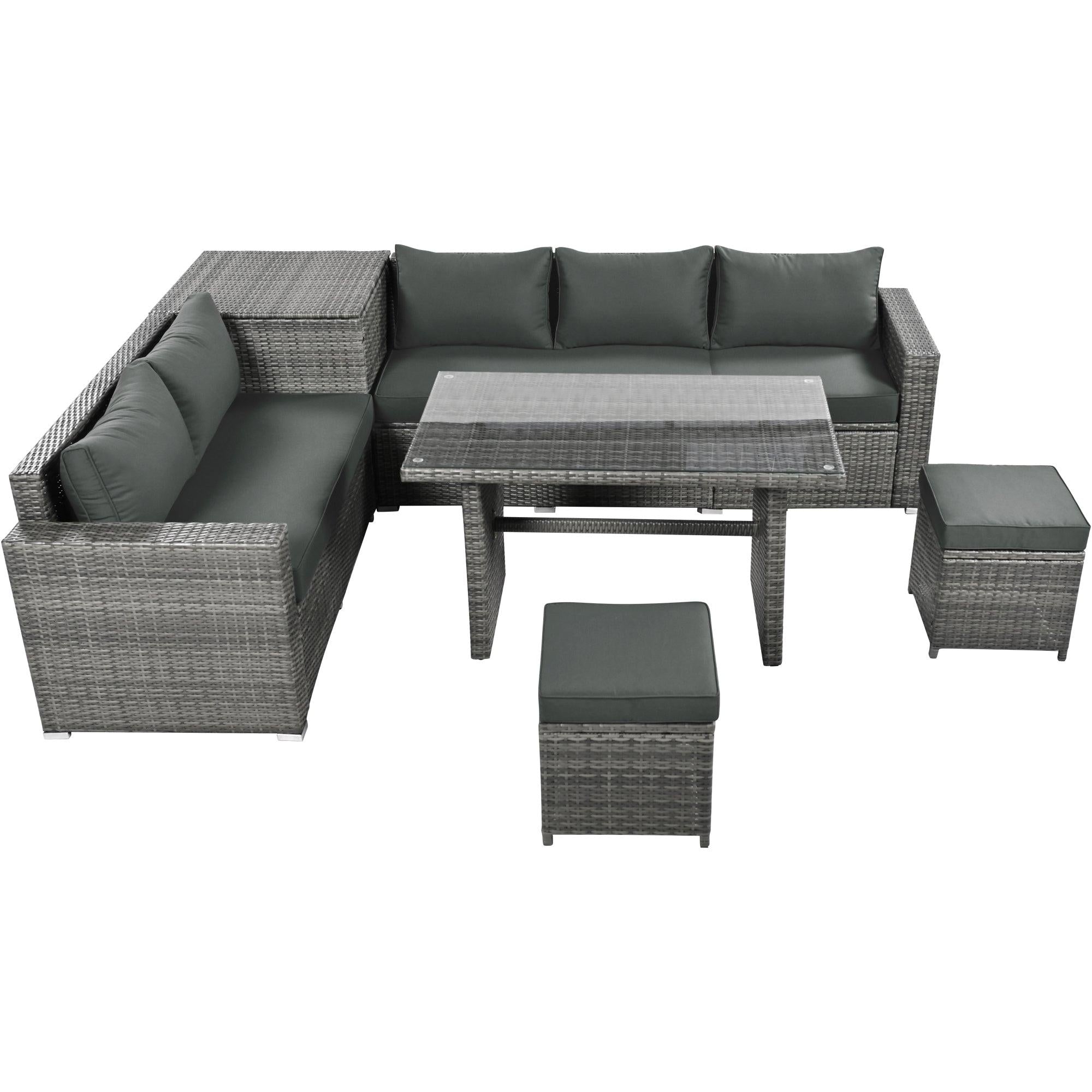 6 PCS Outdoor All Weather PE Rattan Sofa Set  with Adjustable Seat,Storage Box, Tempered Glass Top Table, and Gray Cushions