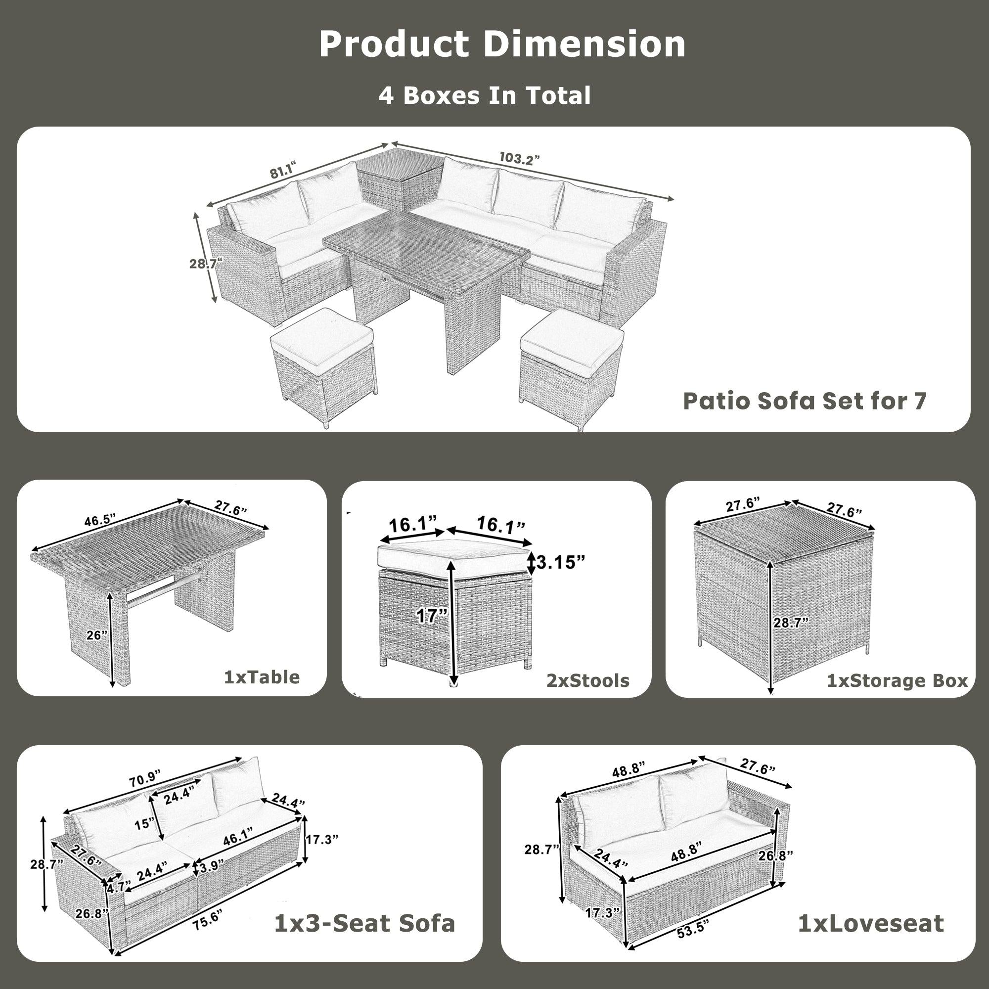 6 PCS Outdoor All Weather PE Rattan Sofa Set  with Adjustable Seat,Storage Box, Tempered Glass Top Table, and Gray Cushions