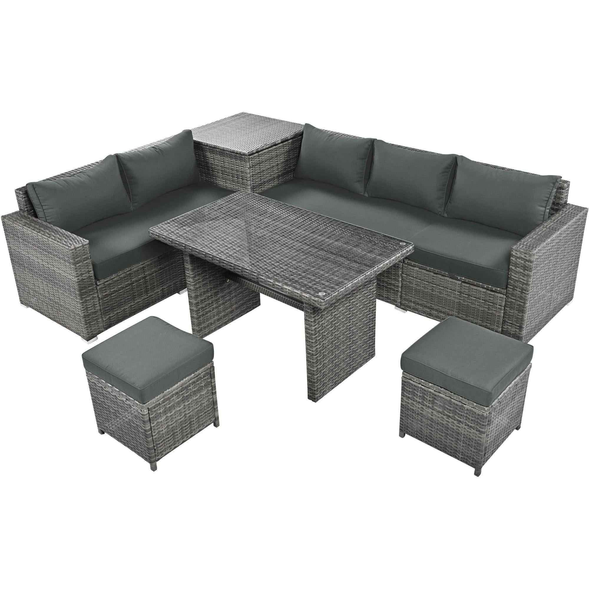 6 PCS Outdoor All Weather PE Rattan Sofa Set  with Adjustable Seat,Storage Box, Tempered Glass Top Table, and Gray Cushions