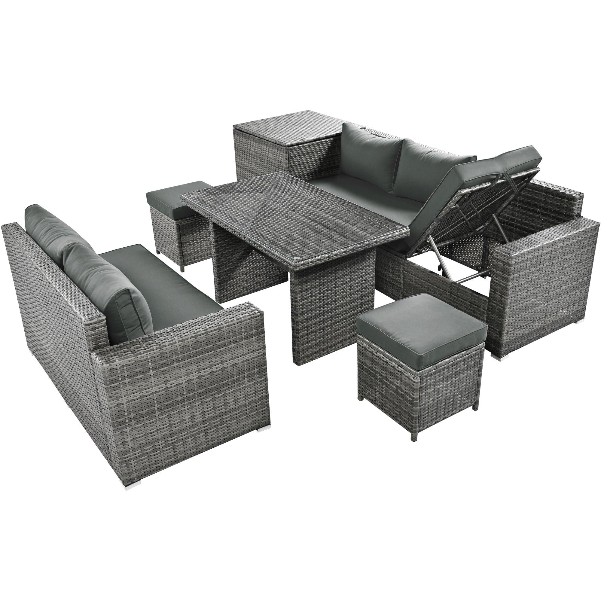 6 PCS Outdoor All Weather PE Rattan Sofa Set  with Adjustable Seat,Storage Box, Tempered Glass Top Table, and Gray Cushions