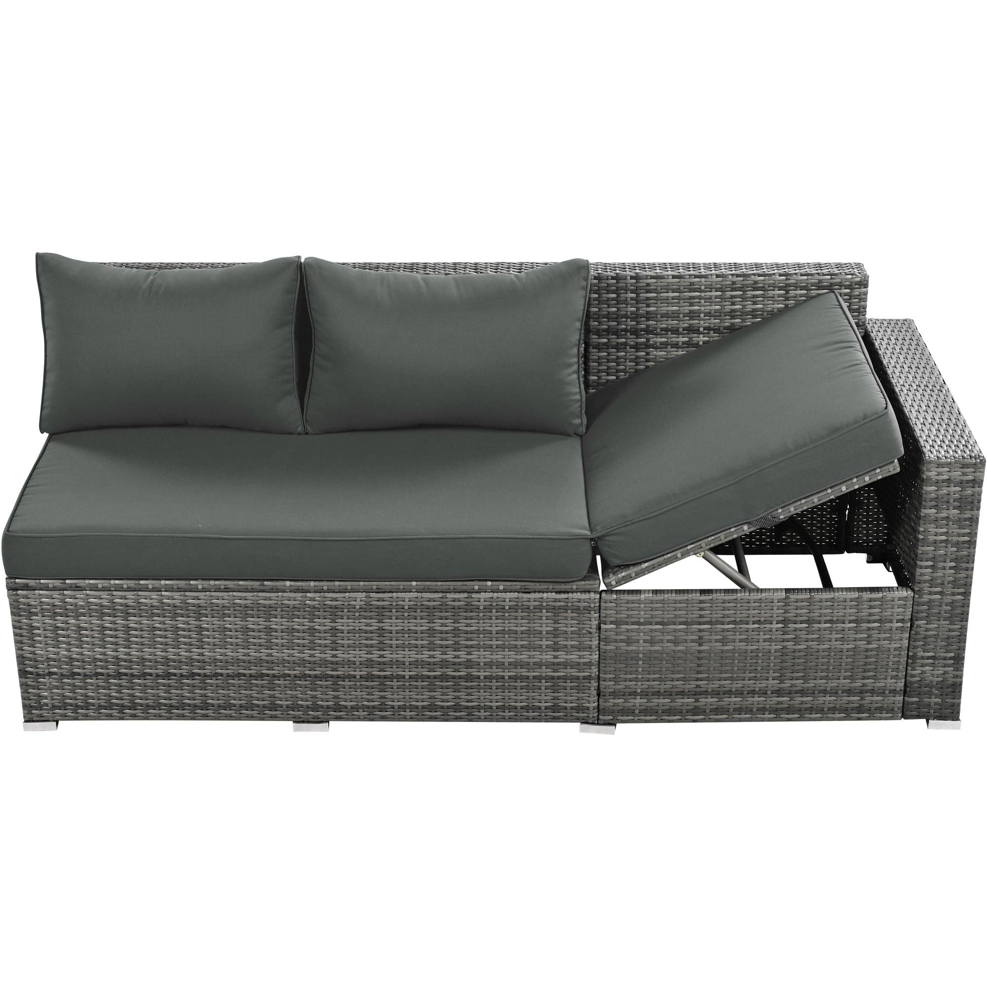 6 PCS Outdoor All Weather PE Rattan Sofa Set  with Adjustable Seat,Storage Box, Tempered Glass Top Table, and Gray Cushions