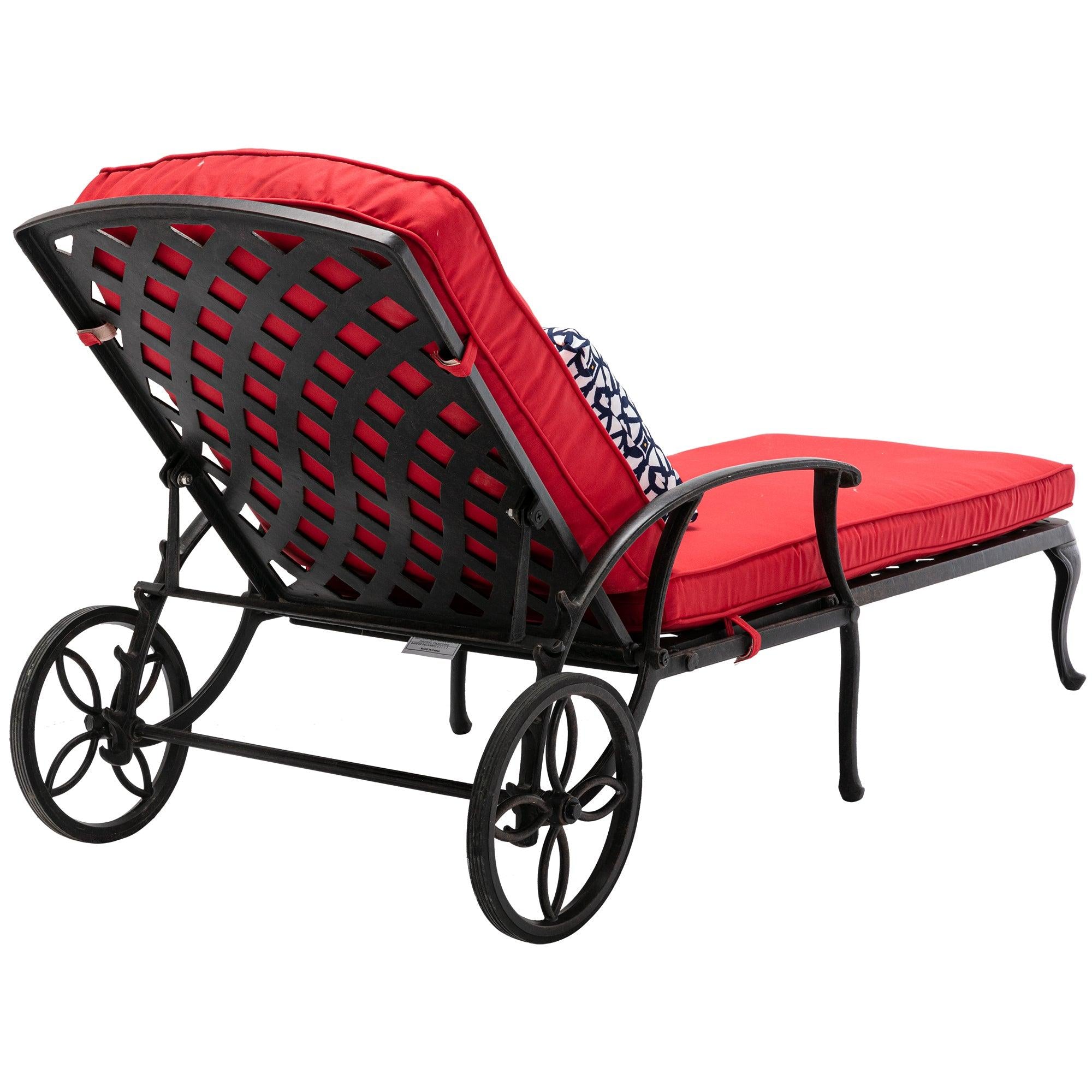 Aluminium Cast lounge chair with Wheels and Red Cushions