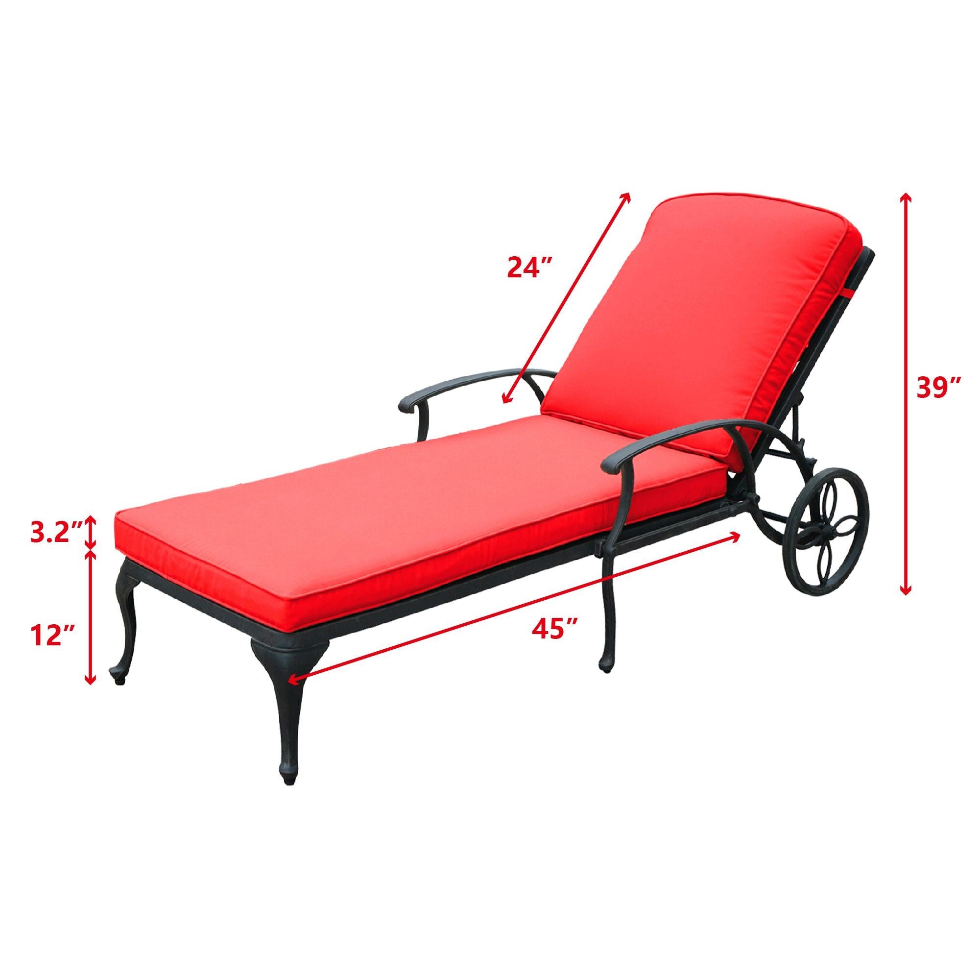 Aluminium Cast lounge chair with Wheels and Red Cushions