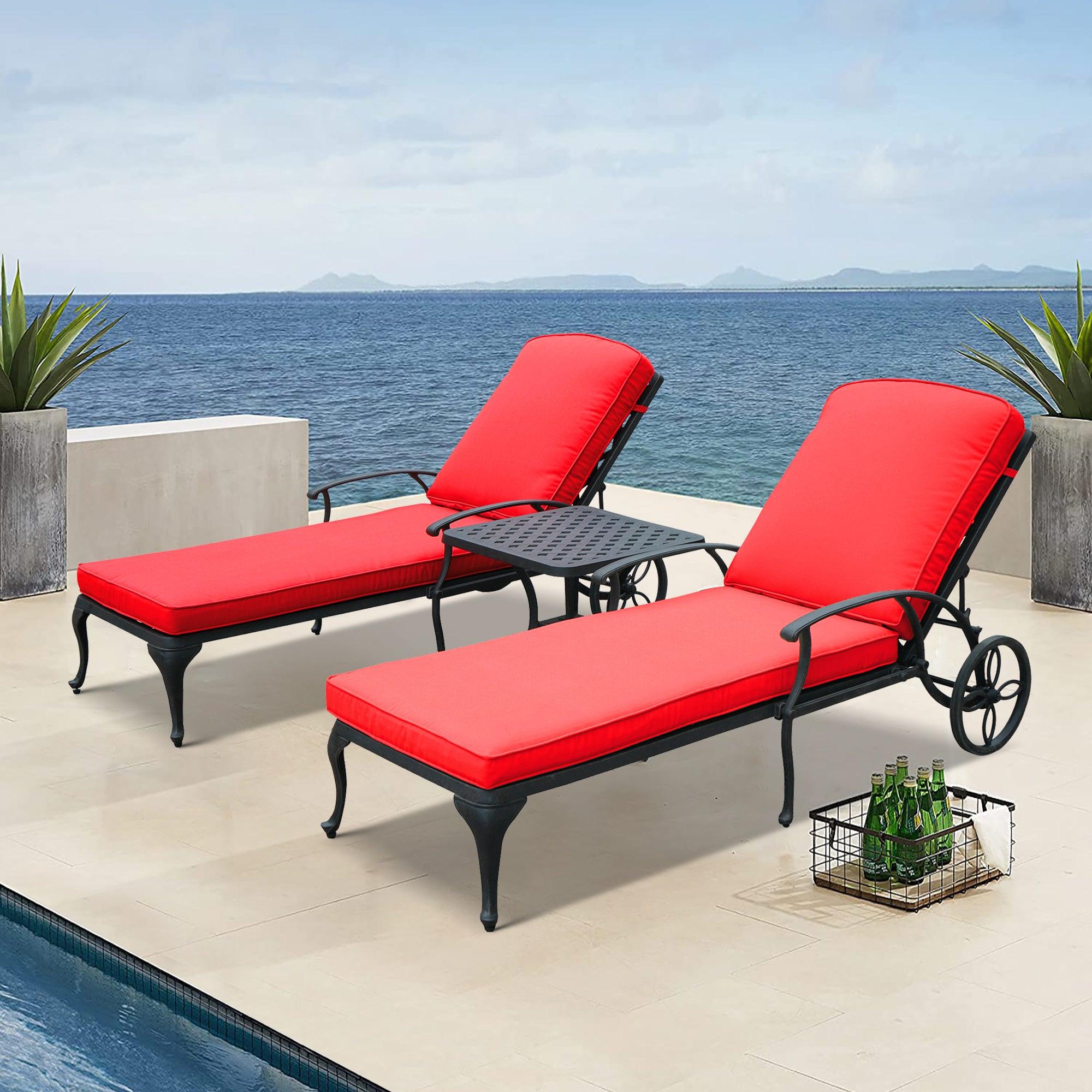 Aluminium Cast lounge chair with Wheels and Red Cushions