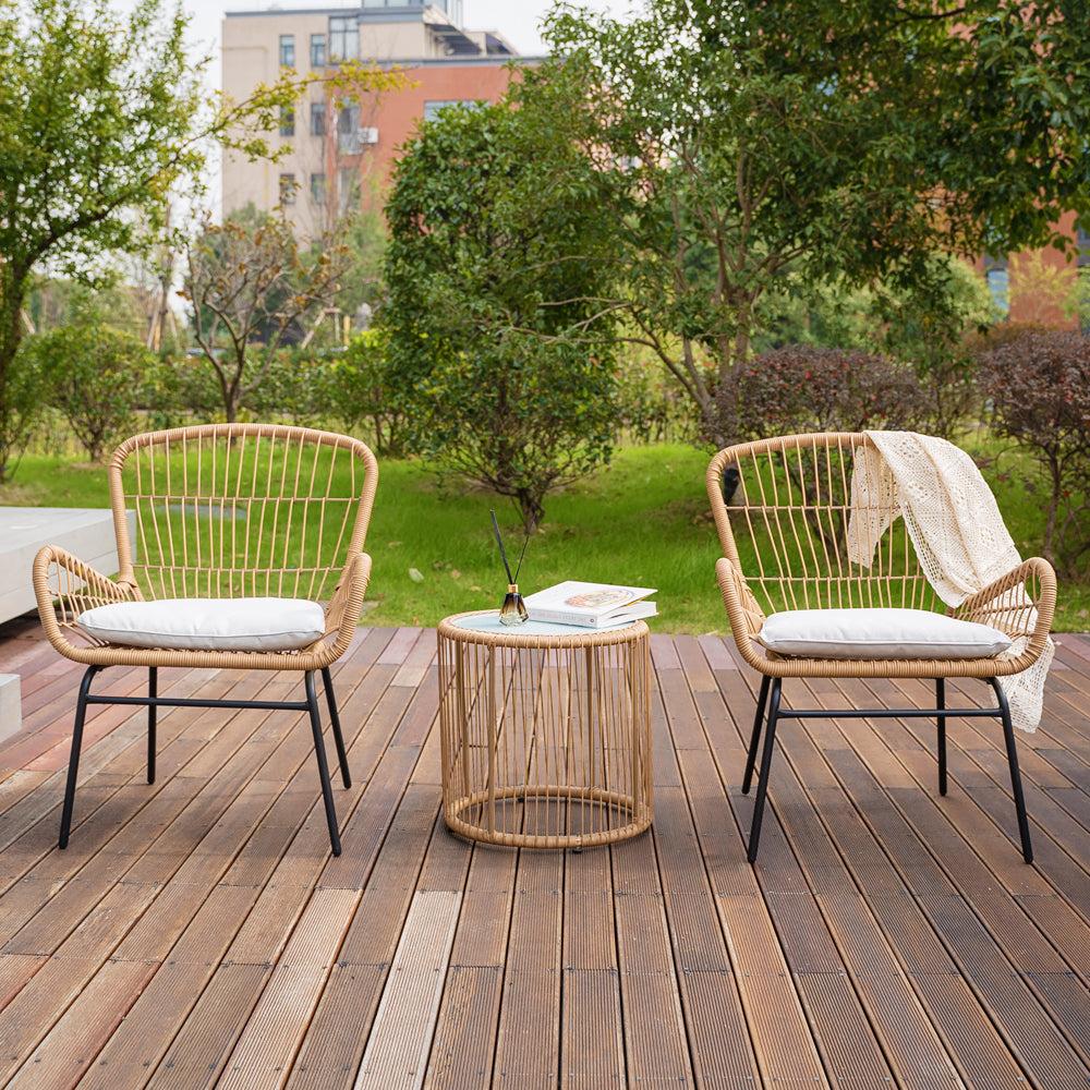 3 PCS Outdoor Balcony Patio Wicker Chairs with Glass Top Table and Soft White Cushions image