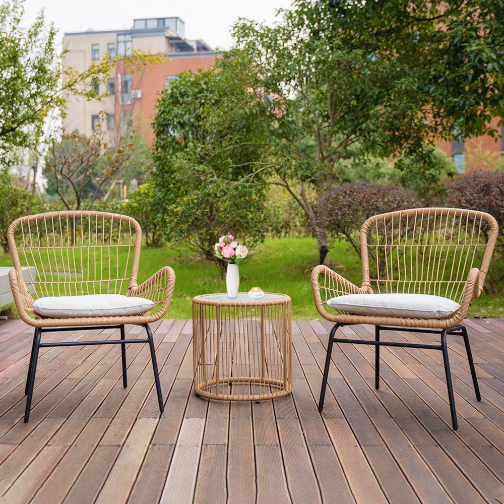 3 PCS Outdoor Balcony Patio Wicker Chairs with Glass Top Table and Soft White Cushions