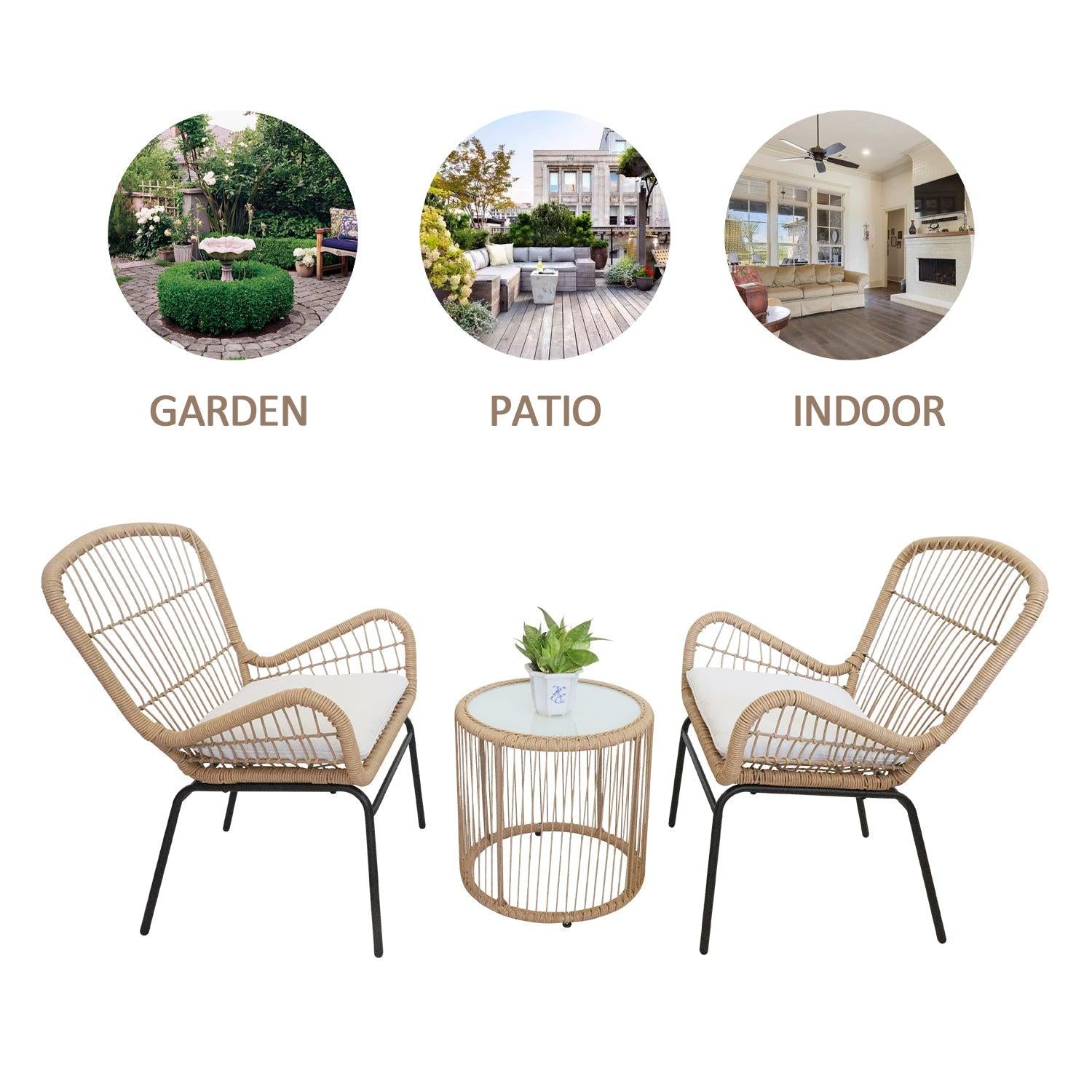 3 PCS Outdoor Balcony Patio Wicker Chairs with Glass Top Table and Soft White Cushions