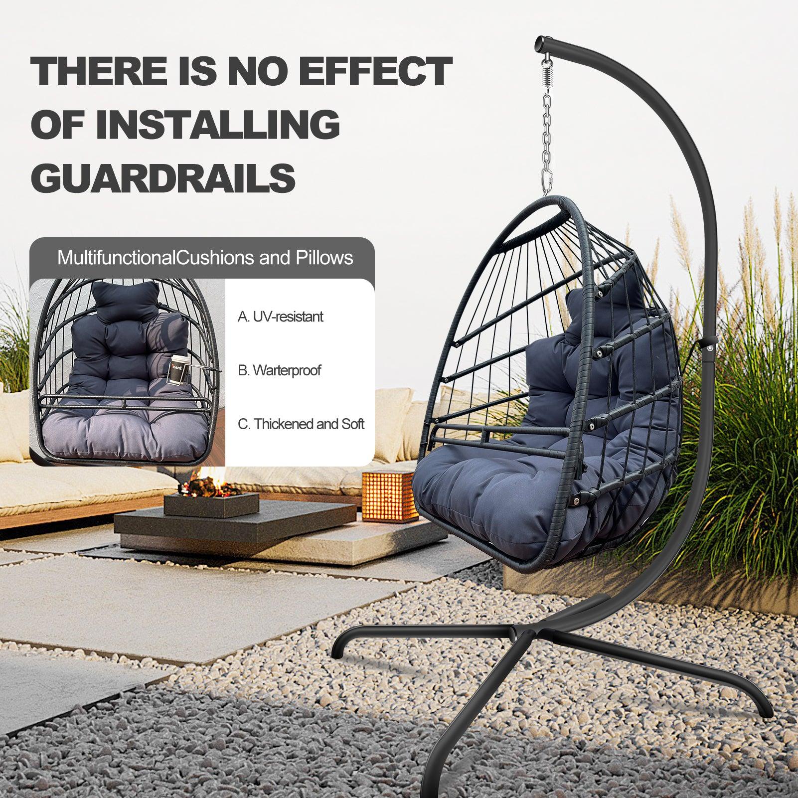 Indoor Outdoor Black Wicker Rattan Patio Basket Egg Shaped Hanging Chair with C Type Bracket, Safe Rails and Gray Cushion