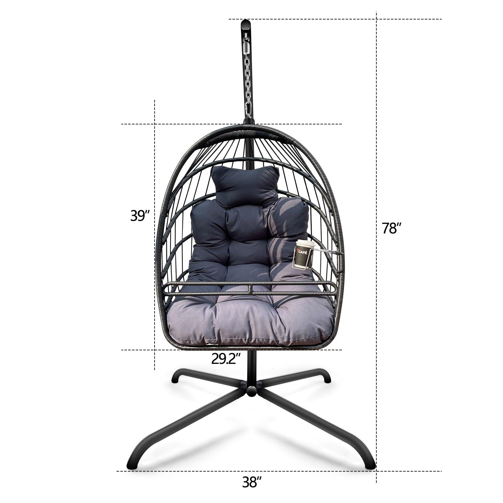 Indoor Outdoor Black Wicker Rattan Patio Basket Egg Shaped Hanging Chair with C Type Bracket, Safe Rails and Gray Cushion