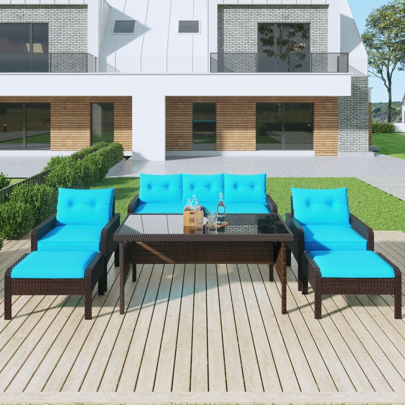 6 PCS Outdoor Patio PE Wicker Rattan Sofa Set Dining Table Set with and Tempered Glass Tea Table and Blue Cushions