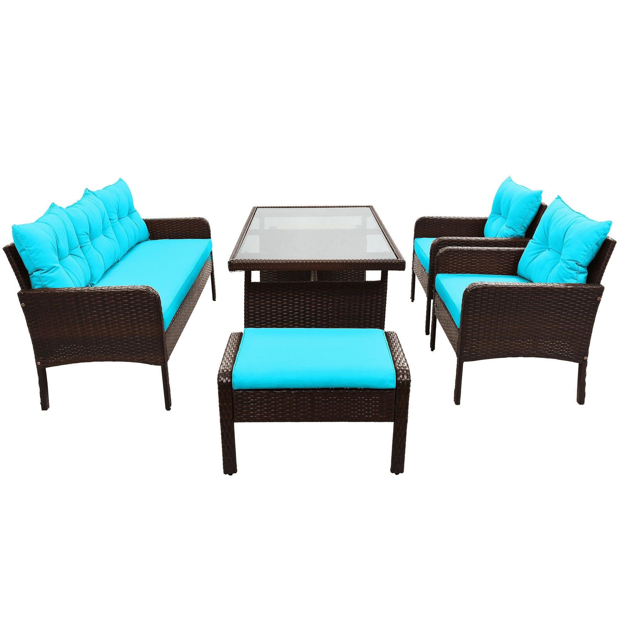 6 PCS Outdoor Patio PE Wicker Rattan Sofa Set Dining Table Set with and Tempered Glass Tea Table and Blue Cushions