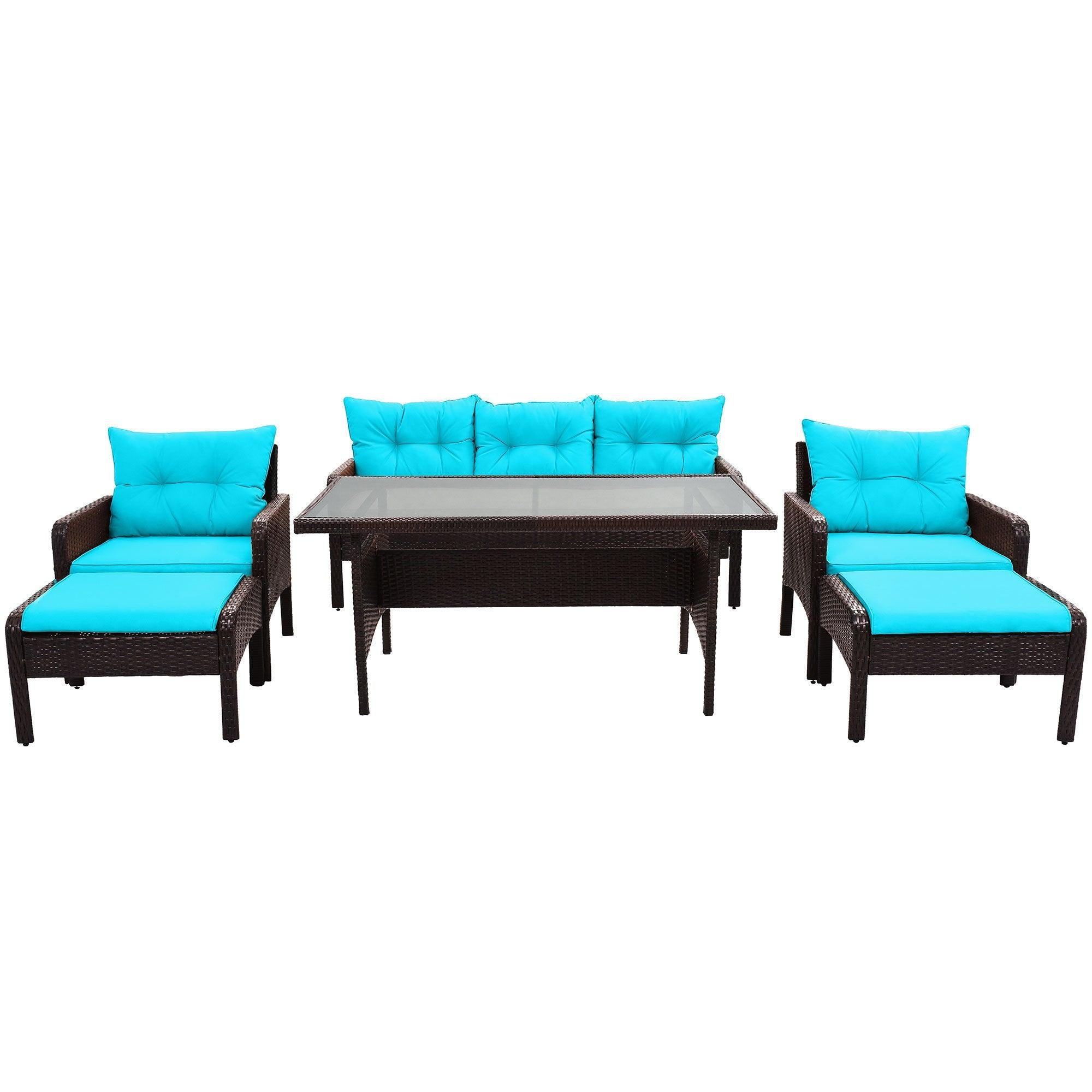 6 PCS Outdoor Patio PE Wicker Rattan Sofa Set Dining Table Set with and Tempered Glass Tea Table and Blue Cushions