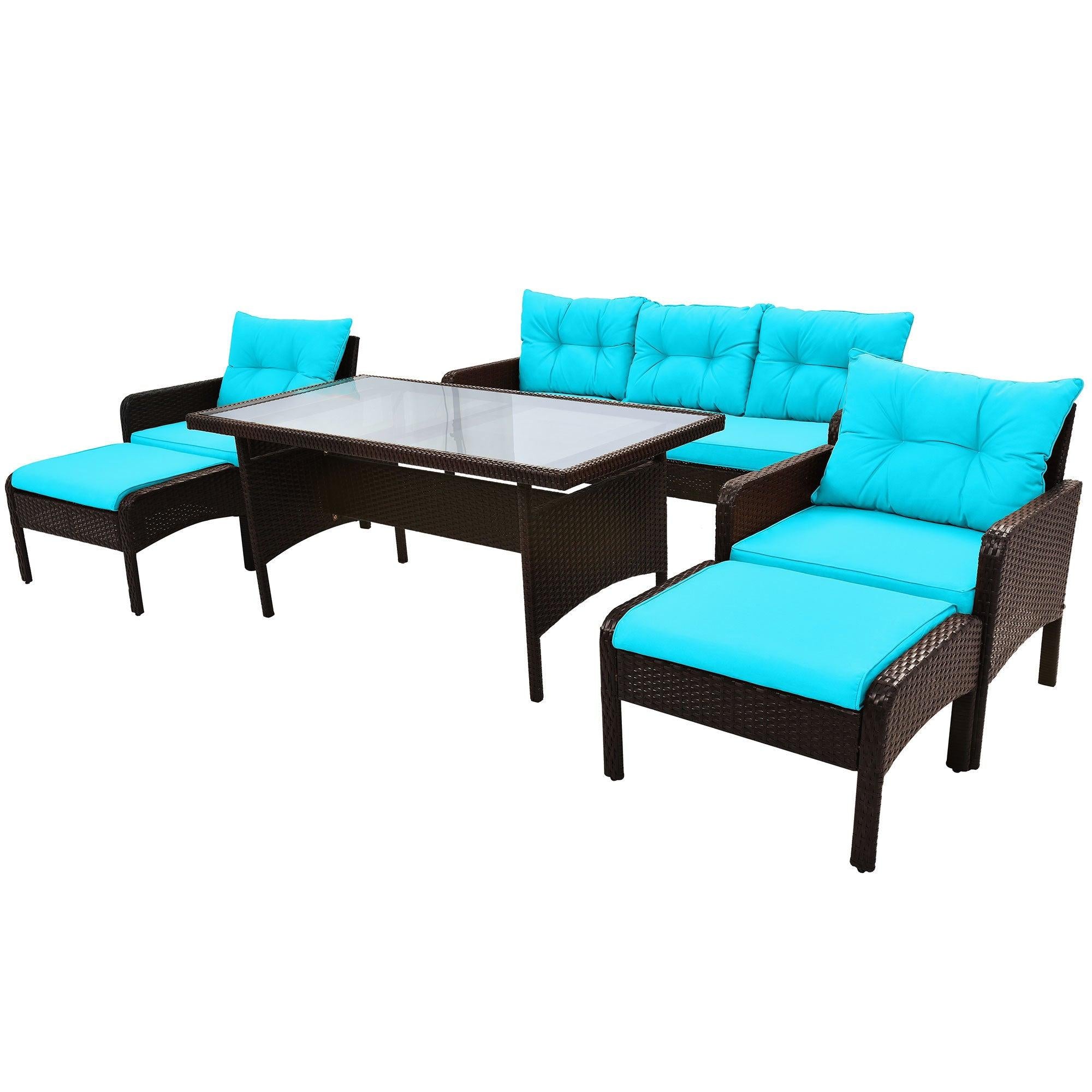 6 PCS Outdoor Patio PE Wicker Rattan Sofa Set Dining Table Set with and Tempered Glass Tea Table and Blue Cushions