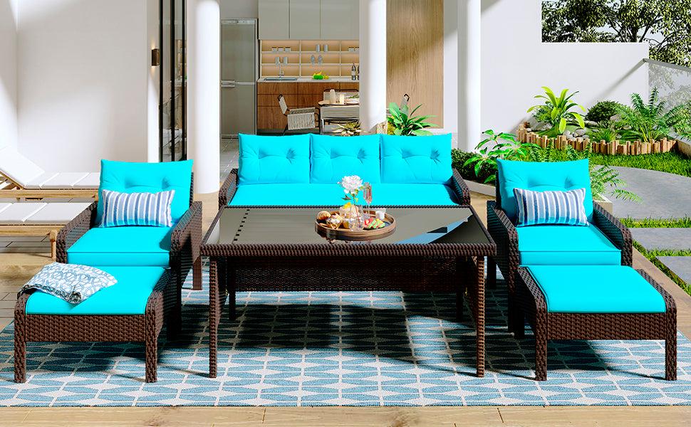 6 PCS Outdoor Patio PE Wicker Rattan Sofa Set Dining Table Set with and Tempered Glass Tea Table and Blue Cushions