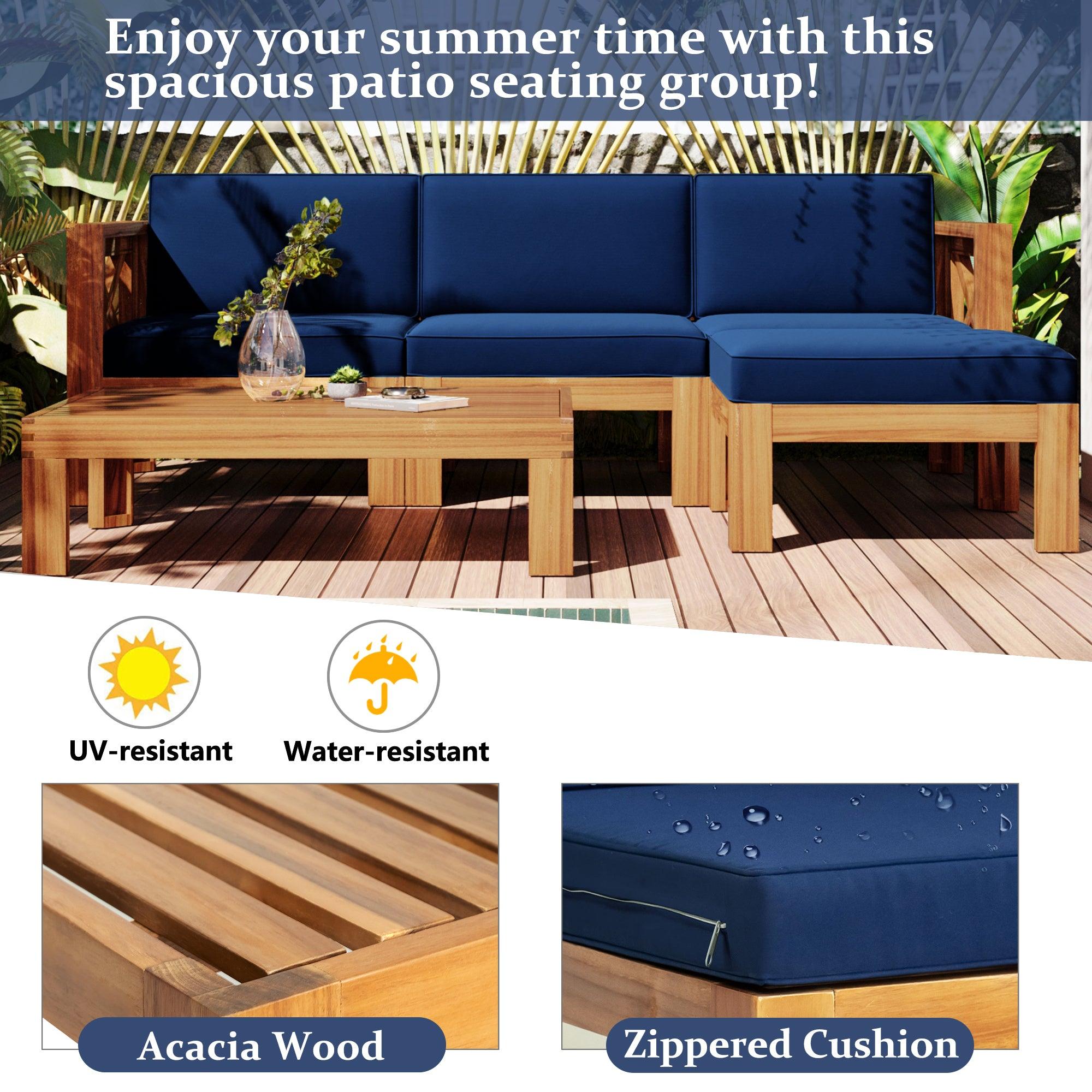 5 PCS Outdoor Backyard Patio Wood Sectional Sofa Seating Group Set with Blue Cushions