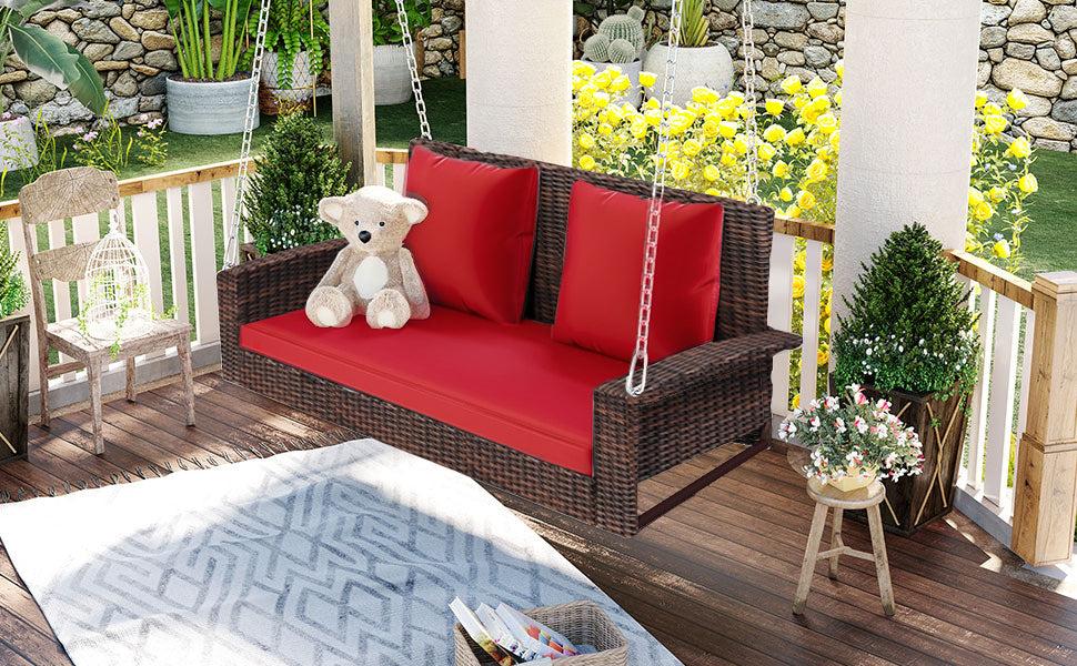 2-Person Brown Wicker Hanging Porch Swing with Chains, Red Cushions and Pillows