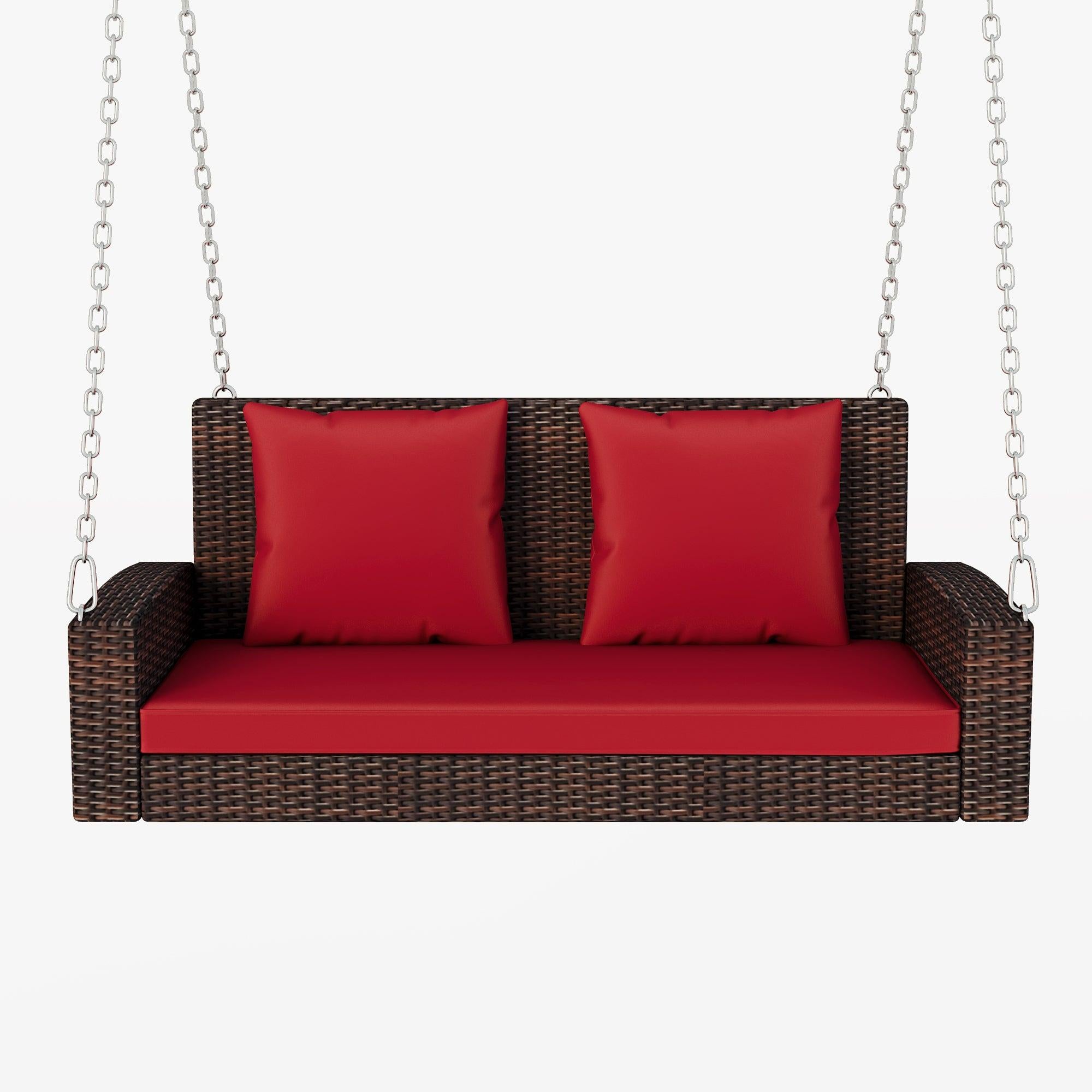 2-Person Brown Wicker Hanging Porch Swing with Chains, Red Cushions and Pillows