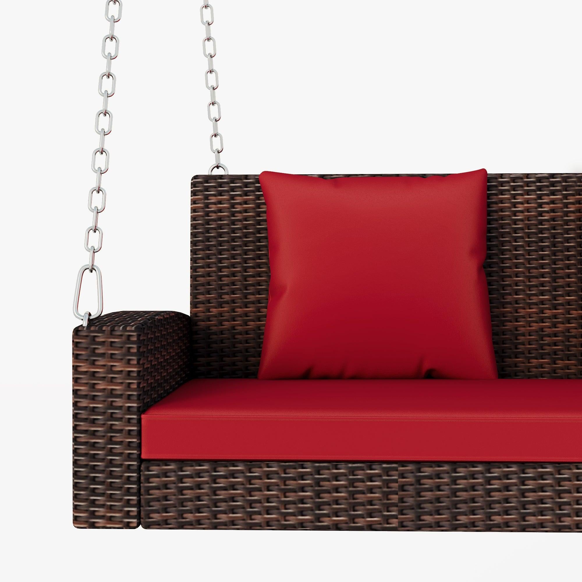 2-Person Brown Wicker Hanging Porch Swing with Chains, Red Cushions and Pillows