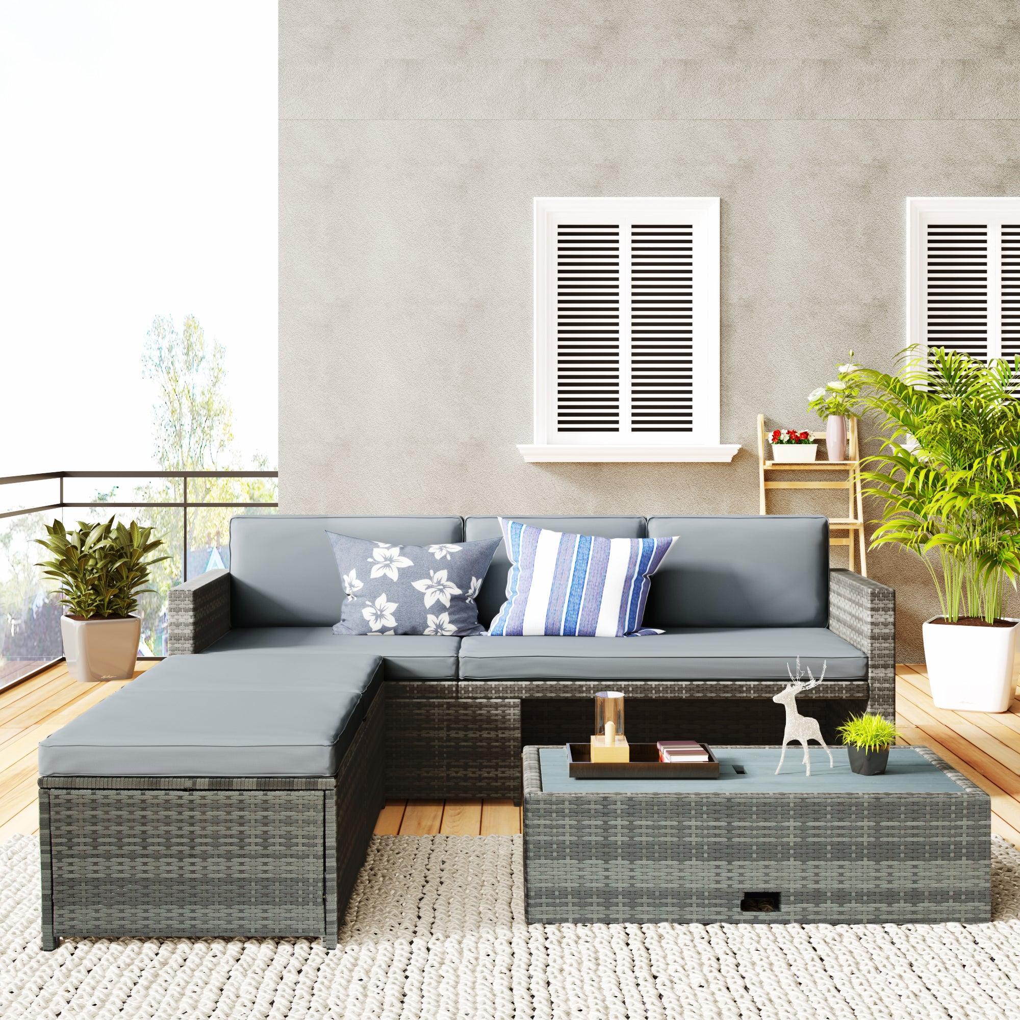 4 PCS Outdoor Backyard Patio All-weather PE Rattan Wicker Sectional Furniture Set with Retractable Table - Gray