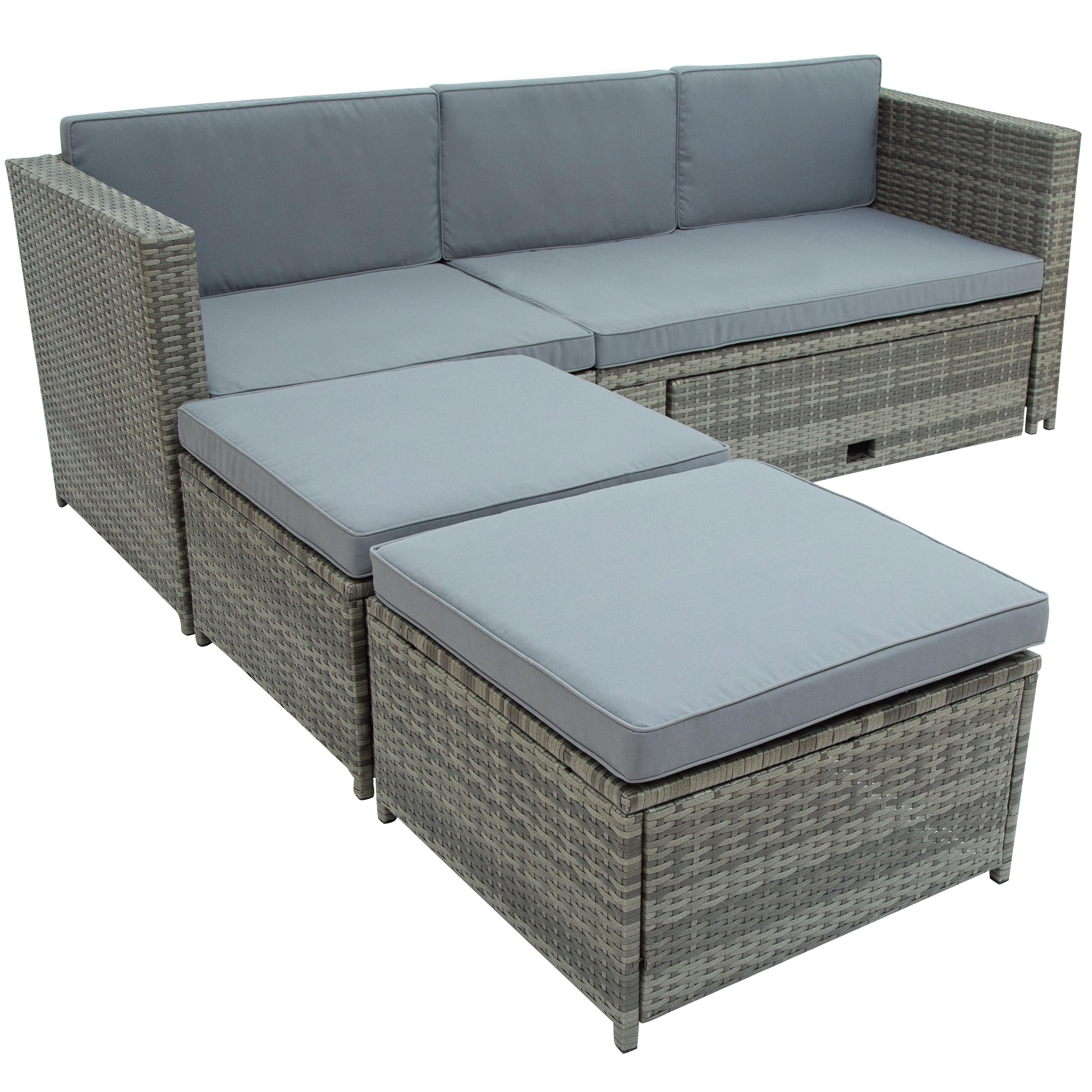 4 PCS Outdoor Backyard Patio All-weather PE Rattan Wicker Sectional Furniture Set with Retractable Table - Gray